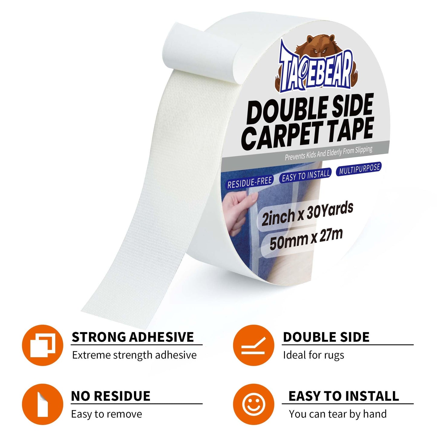 TAPEBEAR Carpet Tape Double Sided 2Inch x 30Yards, Heavy Duty Rug Gripper Anti Slip Anti Curling Floor Tape Residue-Free, Two Sided, Removable, Waterproof for Area Rugs, Mats, Strong Hold for Tile