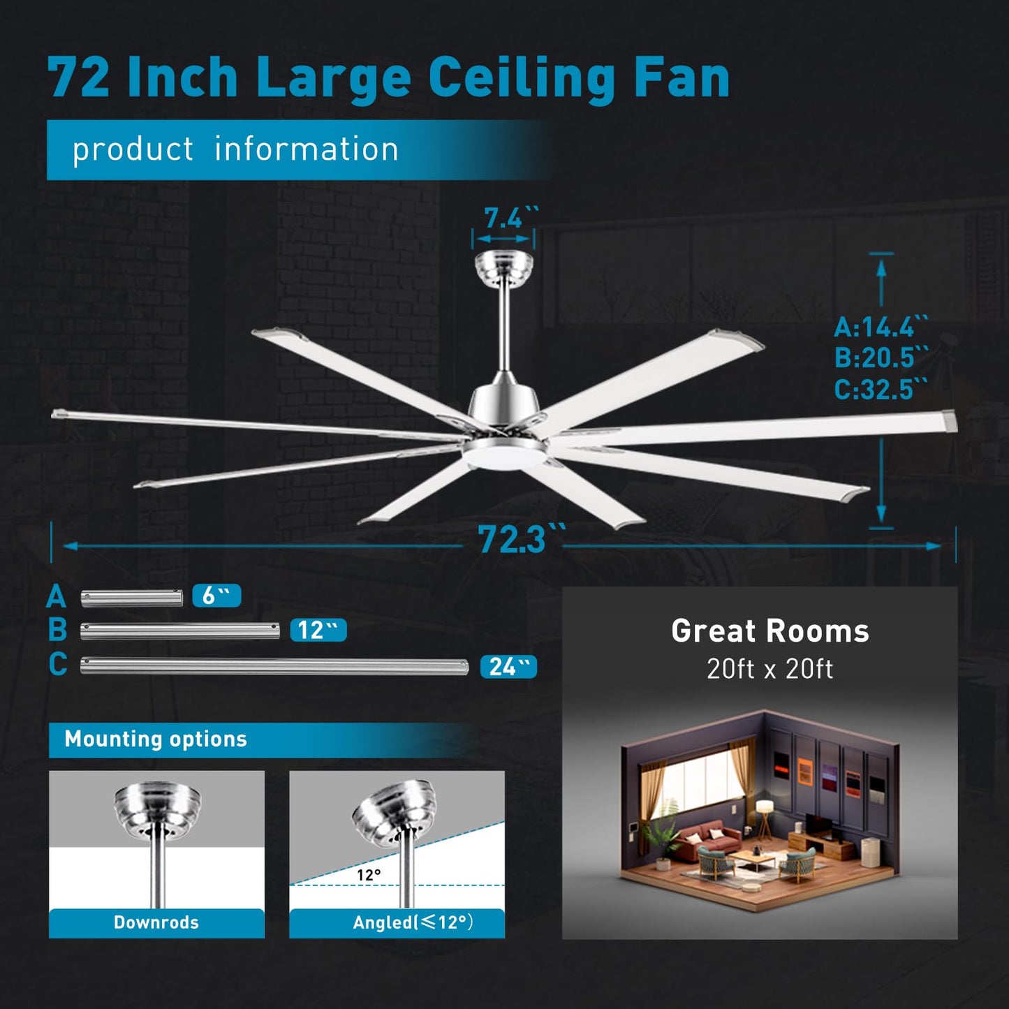 72 lnch lndustrial Smart Celing Fan with Light and Remote Control via WIFI Alexa,Large Celing Fan with 8 Brushed Nickel Aluminum Blades,6 Speed Noiseless DC Motor Indoor Outdoor Ceiling Fans for Patio