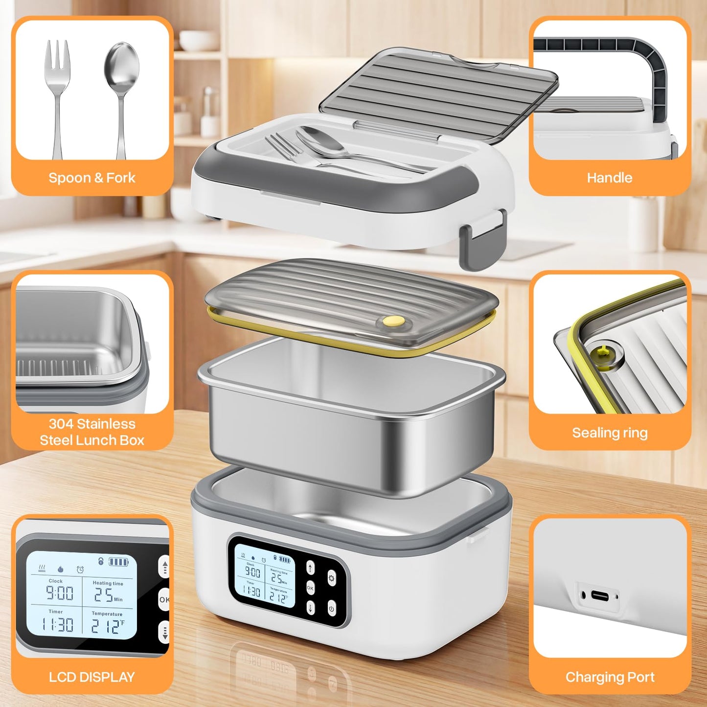 SOUOA Cordless Heated Electric Lunch Box for Adults with Automatic Heating, 100W Portable Food Warmer Battery Powered with Scheduled Heating, 6.3 Cup Food Heater for Men/Work/Office/Car/Truck (White)
