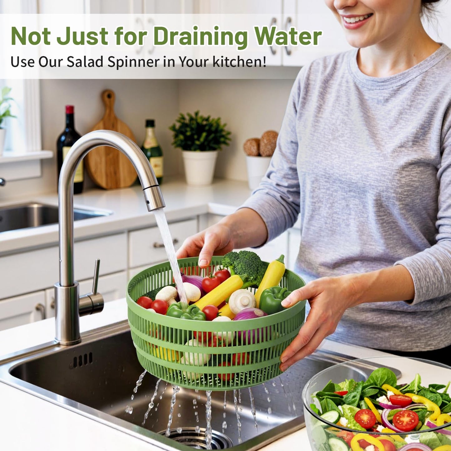 SmartTrends Salad Spinner, 5.3 QT Lettuce Spinner with Strainer, Fruit Cleaner with 4 Replaceable Blade for Shredding, Slicing and Pureeing, Salad Washer & Dryer for Quick Washing (Green)