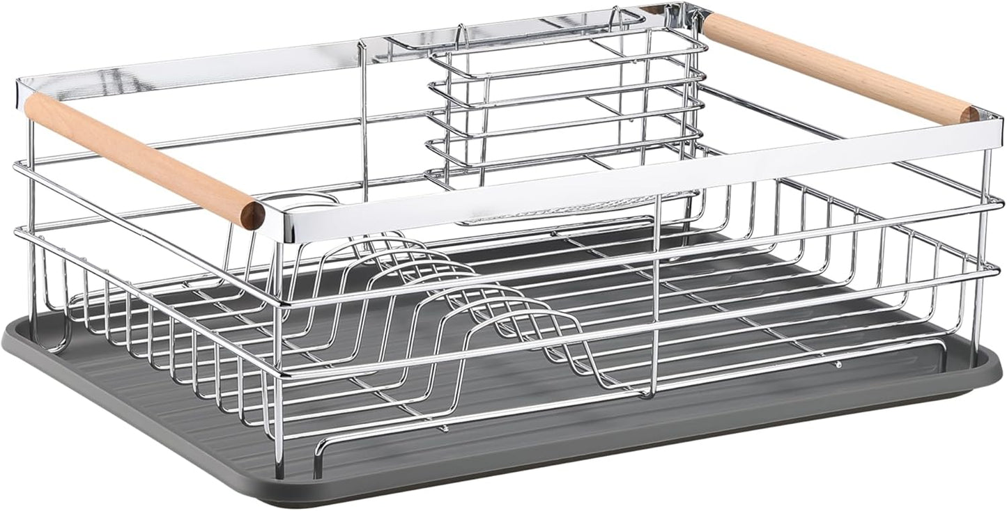 Navaris Compact Dish Rack with Drip Tray & Cutlery Holder, Easy to Assemble and Clean, Silver