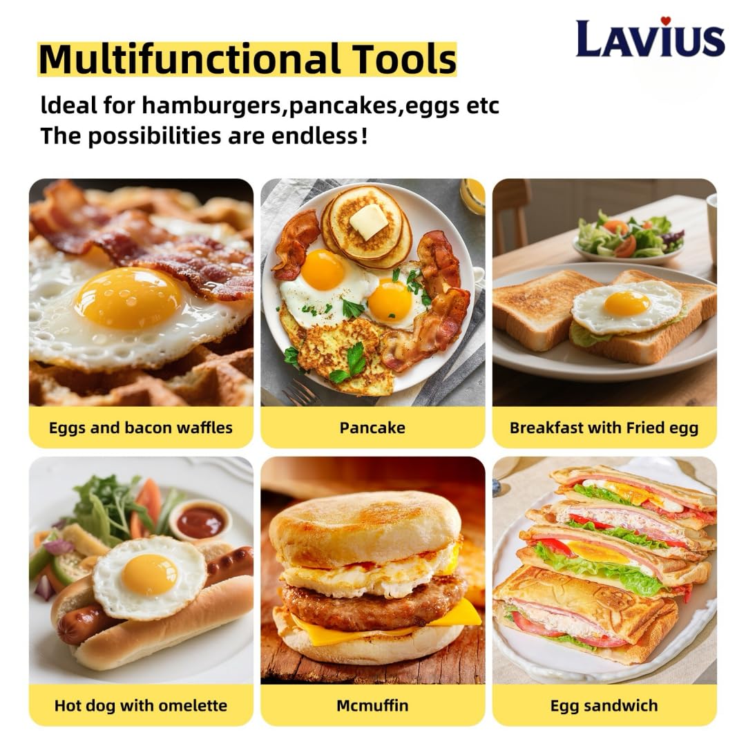 Lavius Silicone Egg Rings Set with Folding Handle, 4-Pack Non-Stick Round Egg Cooker Ring,Egg Mold for Cooking Breakfast Sandwiches, Egg Mcmuffins, Pancake, Grill Accessories Egg Forms for Frying Egg