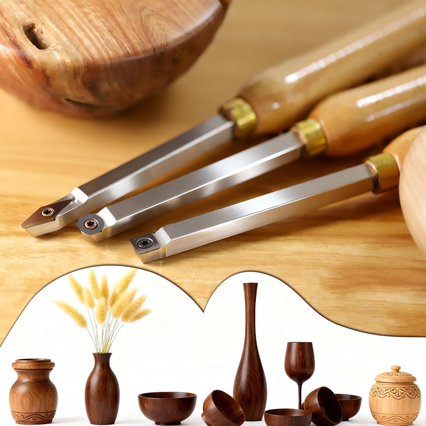 Mini Carbide Tipped Wood Lathe Turning tools Combo set Rougher Detailer Finisher with Wood Handle and Diamond Round Square Carbide Inserts,3pcs