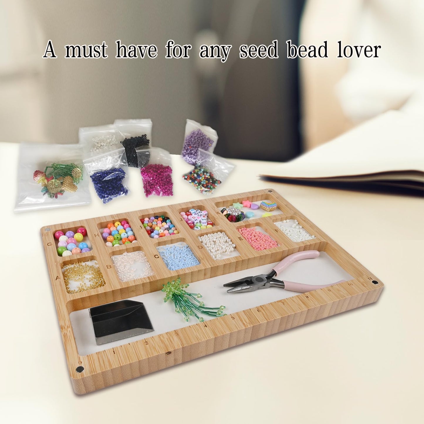 Favonuovy Beads Sorting Tray with Scoop, Magnetic Acrylic Lid, Band and Velvet Padding Bead Boards for Jewelry Bracelet Making Wood Beading Mat Engraved with 11in Ruler, 12 Compartments and Letter A-K