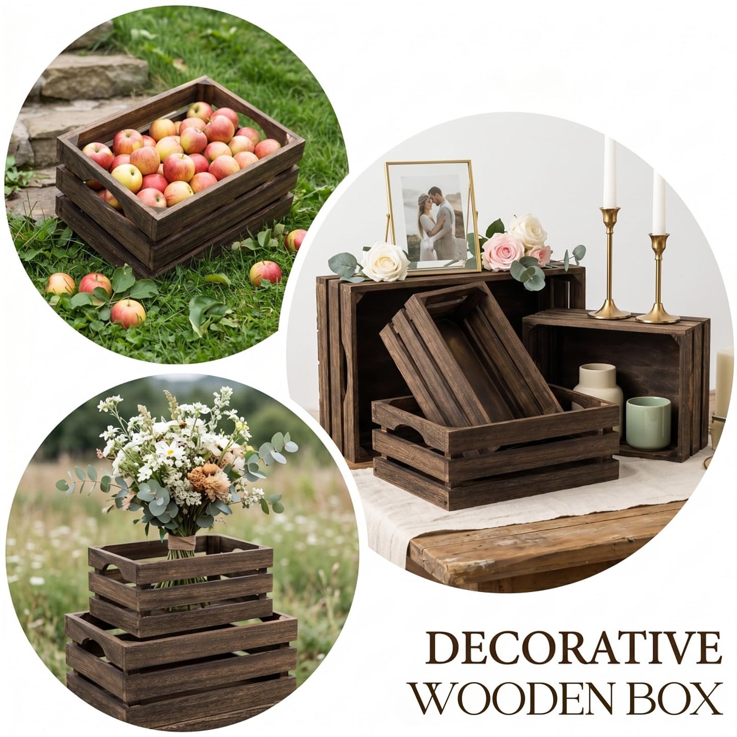 ZOOFOX Set of 3 Nesting Wooden Crates, Rustic Wood Basket with Handles, Decorative Farmhouse Wooden Storage Container Boxes for Party, Office, Bedroom, Kitchen and Closet