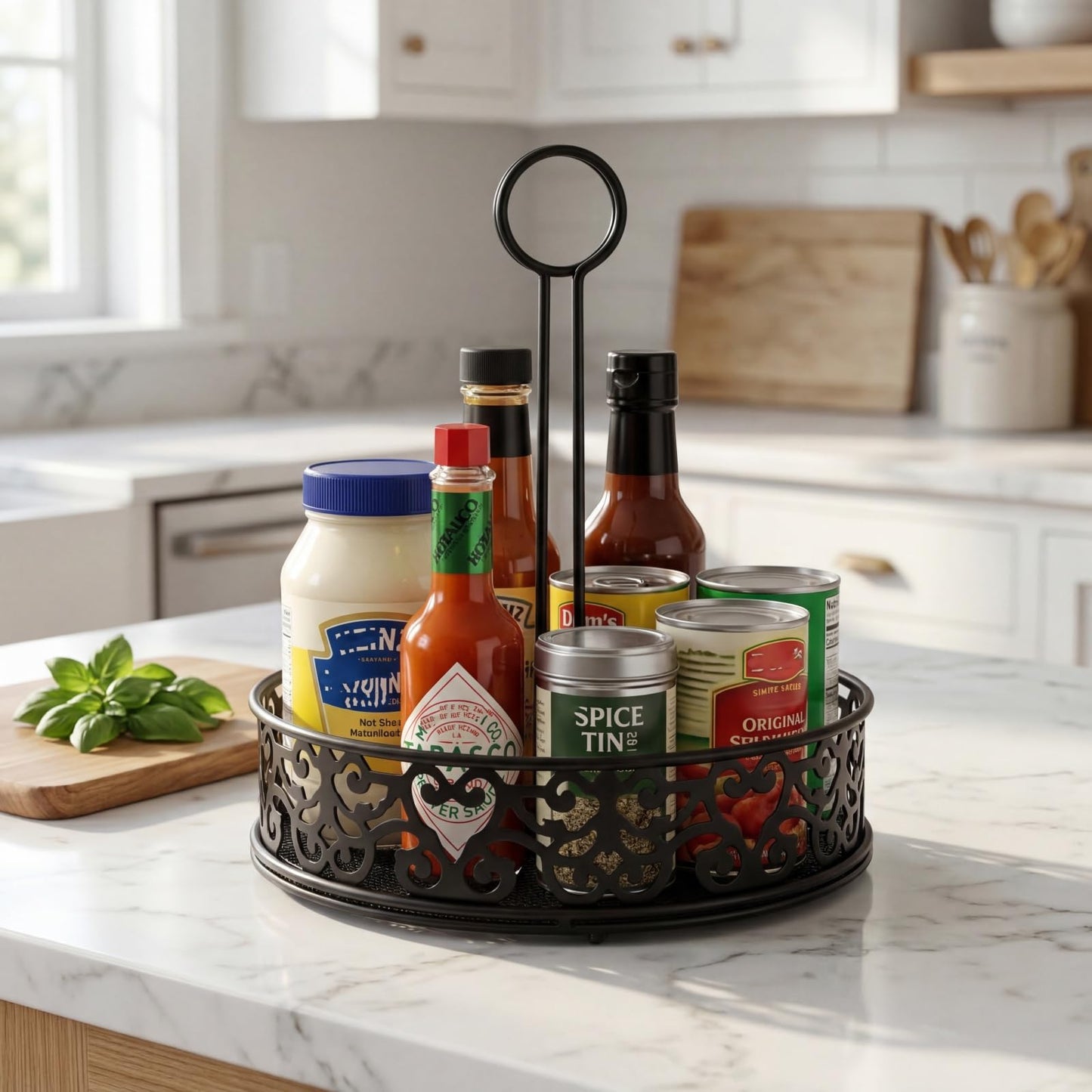 Lyellfe 2 Pack Condiment Caddy, Restaurant Table Caddy with Menu Number Card Holder, Metal Black Decorative Carved Tabletop Seasoning Organizer for Grill Outdoors, Kitchen Cabinet, Camping