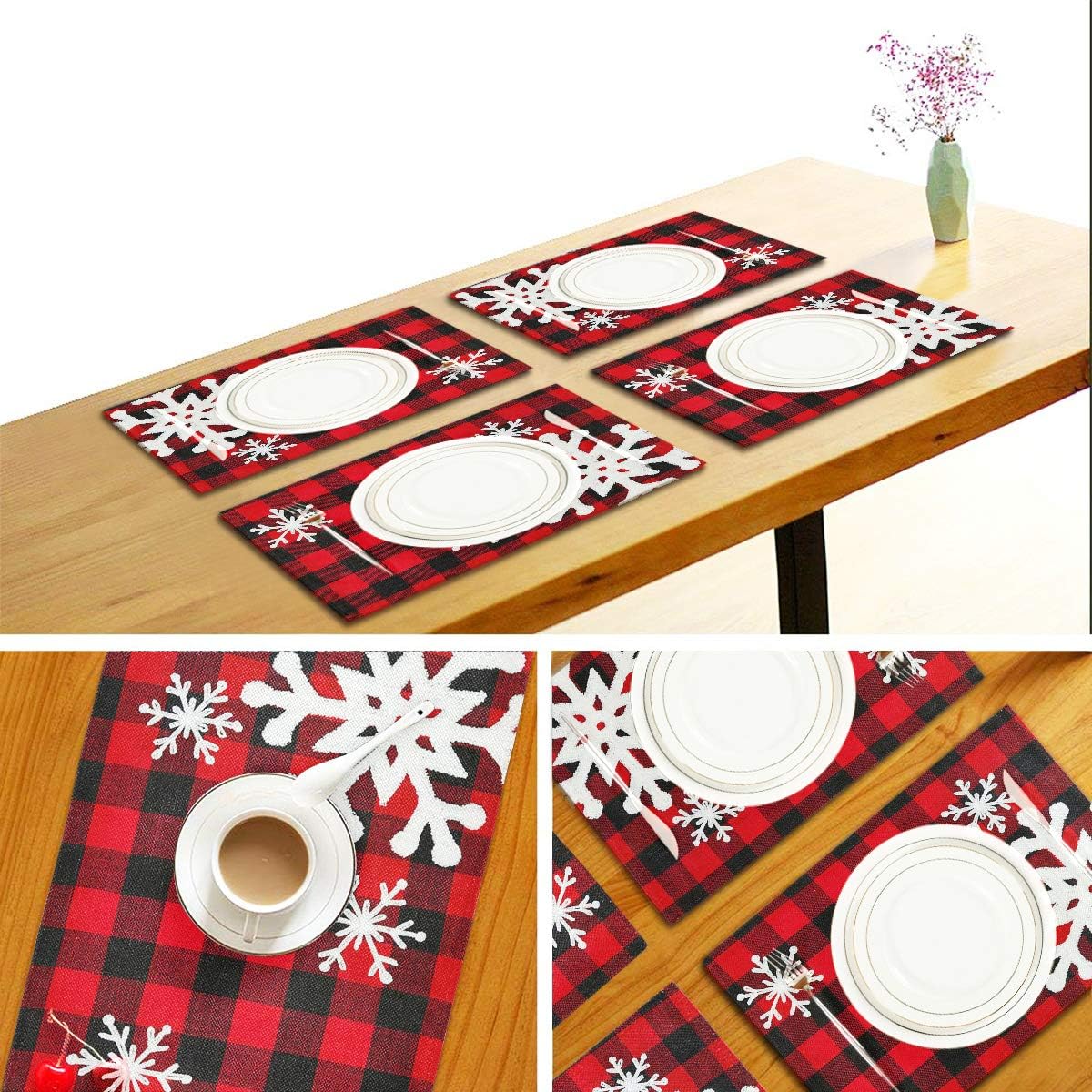 Christmas Red Plaid Snowflake Placemats, Set of 6, Heat-Resistant, Washable Table Mats for Kitchen Dining Decoration