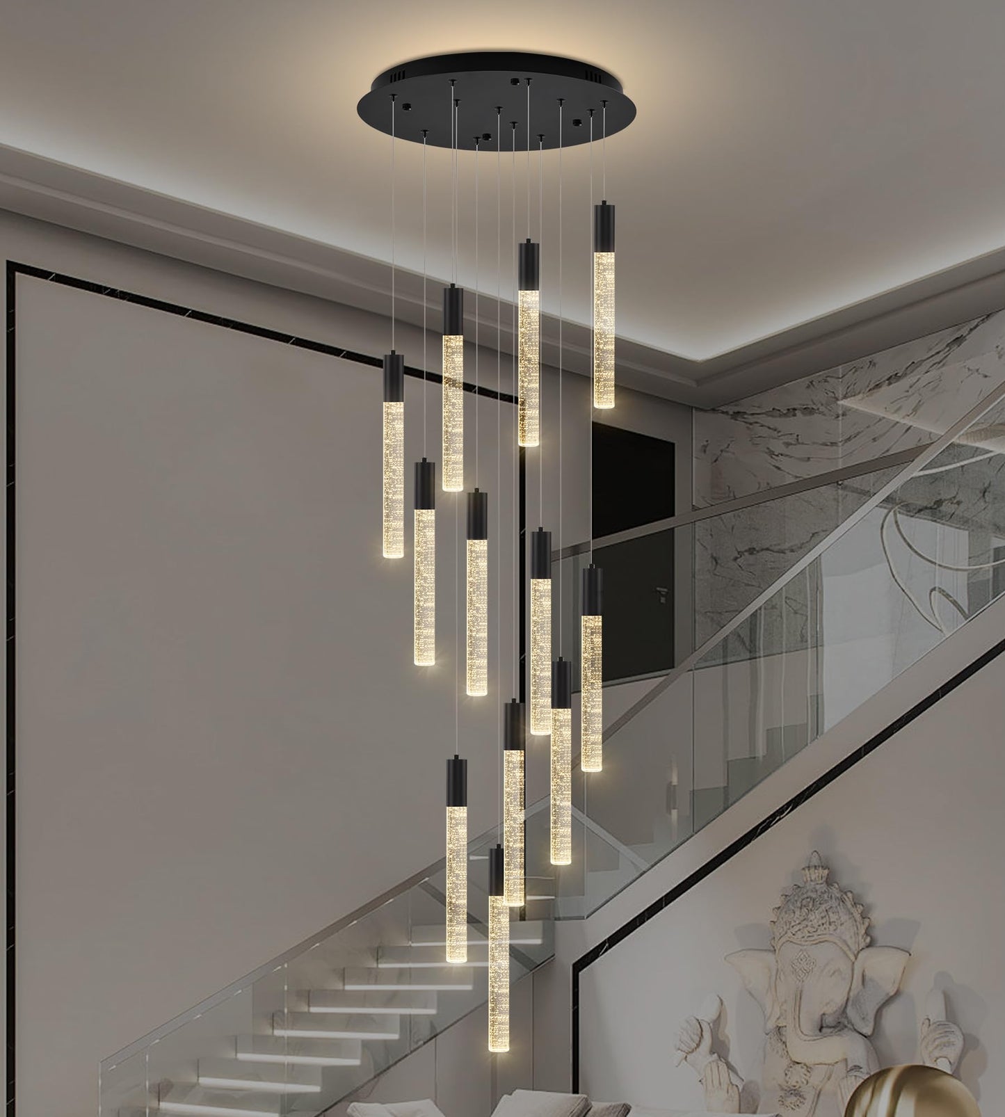 Upfelw Modern High Ceiling Crystal Chandelier 12-Lights, Large Spiral LED Raindrop Foyer Pendant Lighting, Bubble Staircase Living Room Hanging Light Fixture Flush Mount Black