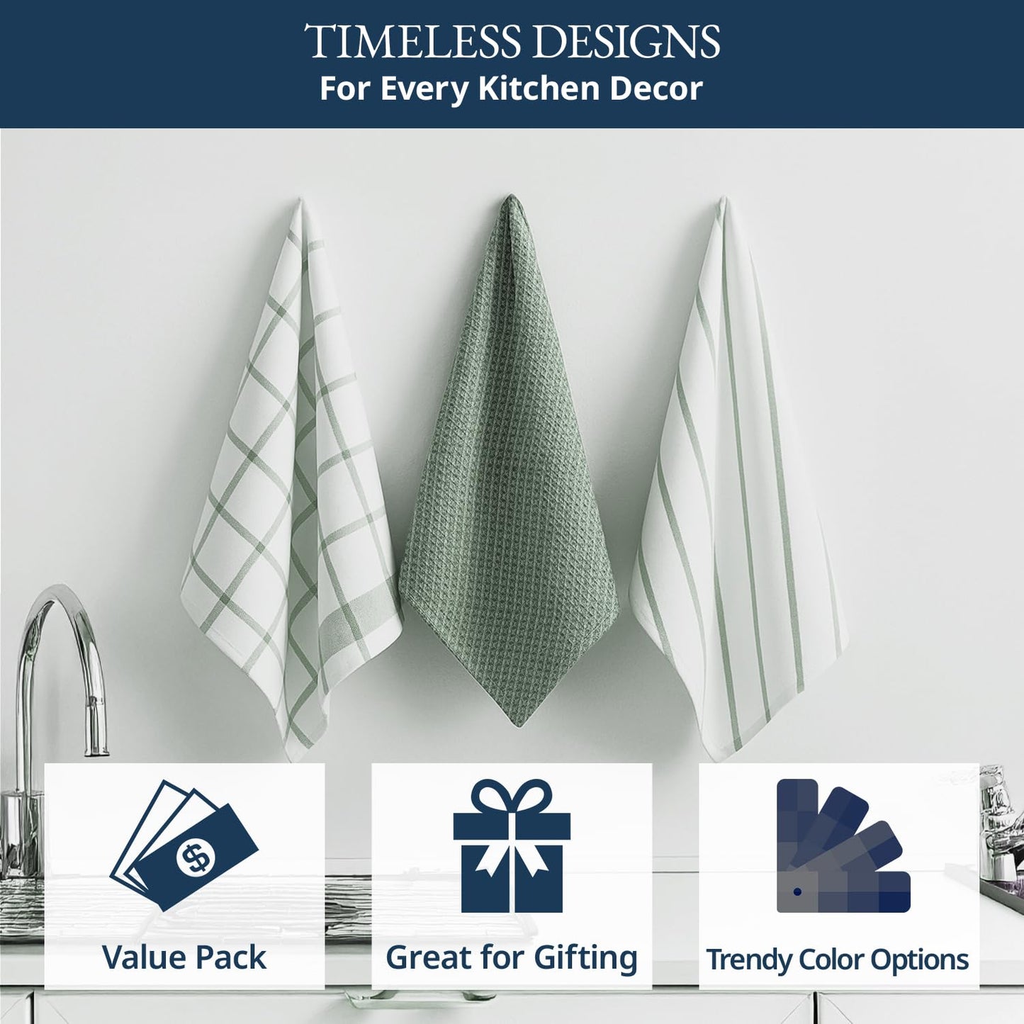 LANE LINEN Cotton Kitchen Towels Set, 6-Pack – Absorbent, Quick-Drying Dish Towels, 18" x 28", Premium Hand and Tea Towels - Olive