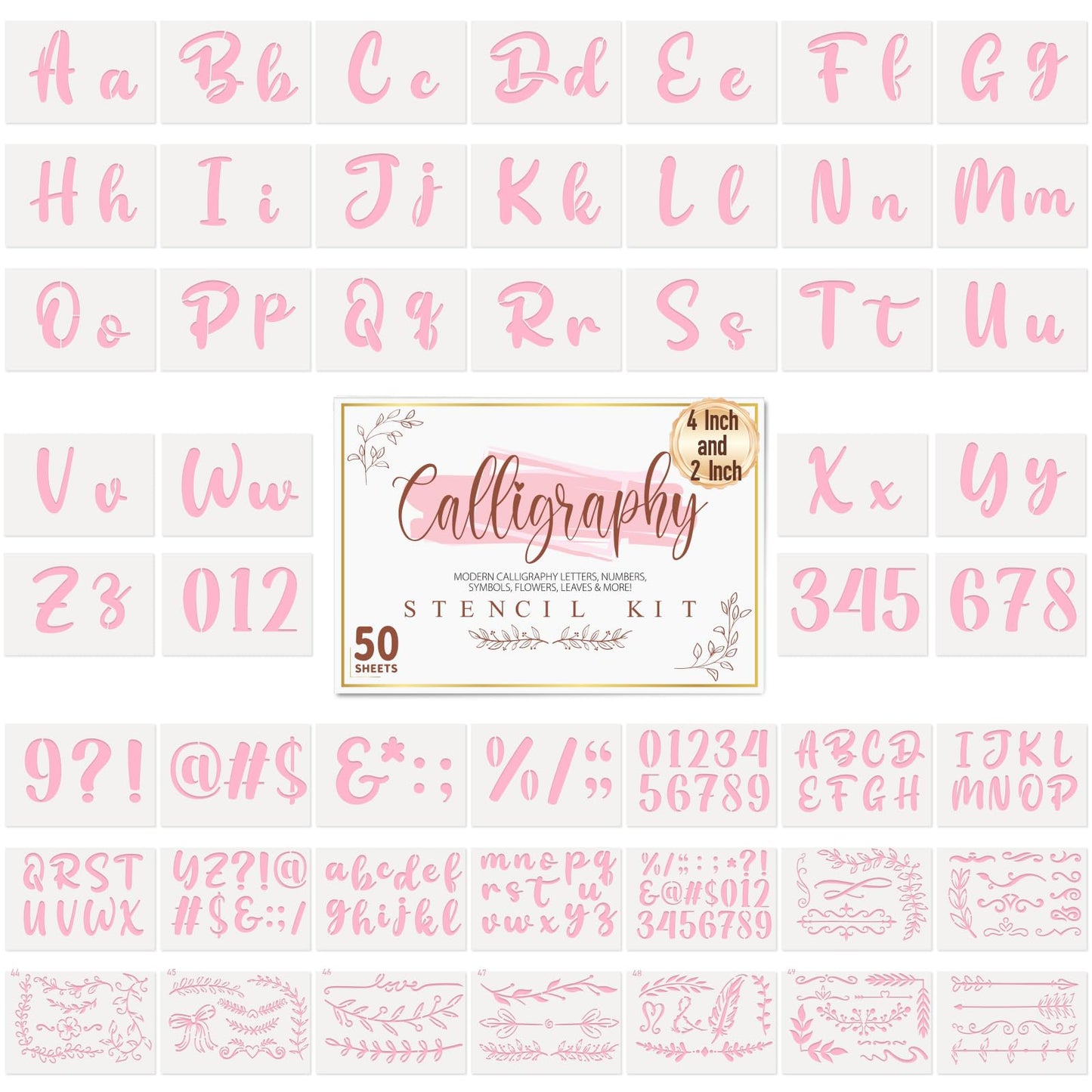 Patemby 50PCS Calligraphy Stencil Template Kit - 4 Inch and 2 Inch Letter Stencils and Numbers, Plastic Alphabet Stencils for Crafts Reusable for Arts Crafts Painting Wood
