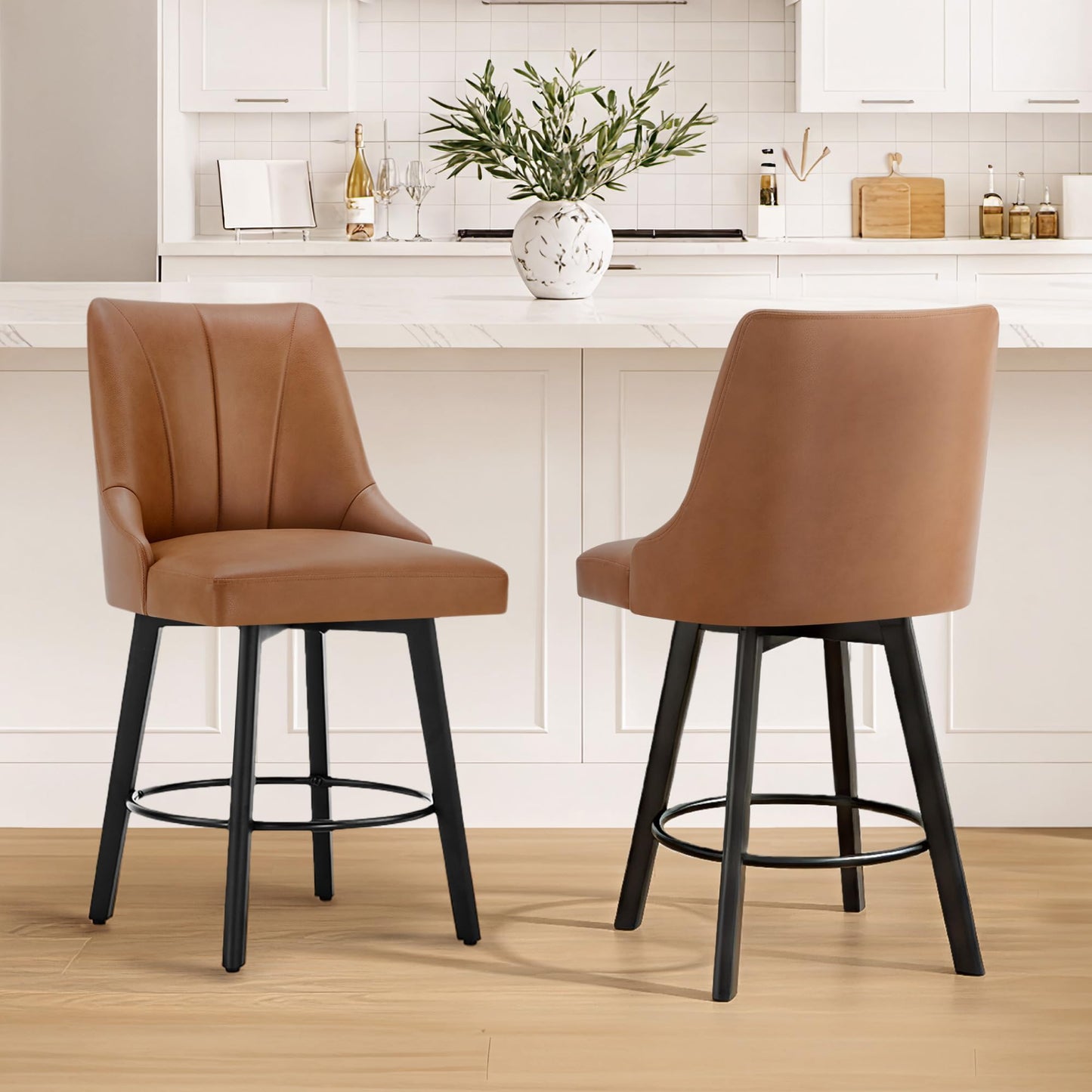 24" Counter Height Bar Stools Set of 4, Swivel Bar Stools with Backs, Faux Leather Upholstered Counter Barstools with Solid Wood Legs for Kitchen Island,Brown