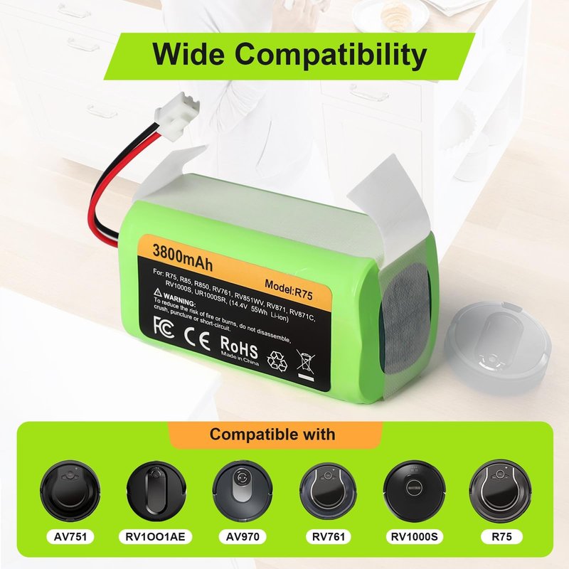 Topwowe Replacement RVBAT850 Battery (3800mAh, 2-Prong Connector) Compatible with Shark Ion R75, R85, RV761, RV850C, RV1000S, RV700_N, RV720_N, UR1000SR