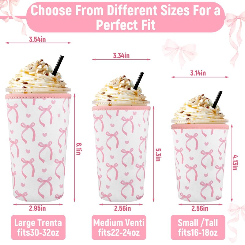SiliFine 3 Pack Reusable Iced Coffee Cup Sleeve Insulated Neoprene Cup Holder for Iced & Hot Drinks Pink Coquette Bow Coffee Sleeve for Cold Beverages(Bow and Heart)
