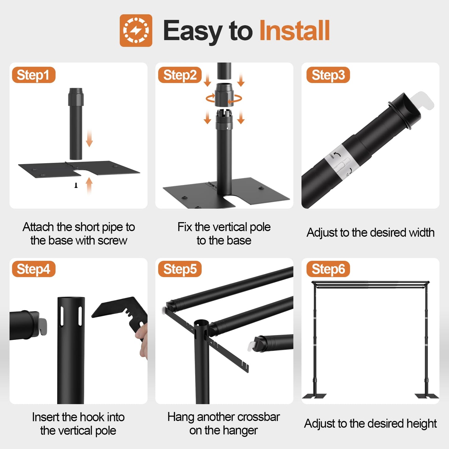 GLOSHOOTING Heavy Duty Backdrop Stand 10x10ft, Three Crossbar Pipe and Drape Backdrop Stand Kit, Adjustable Metal Frame, Background Stand for Wedding Birthday Party Decorations-Black