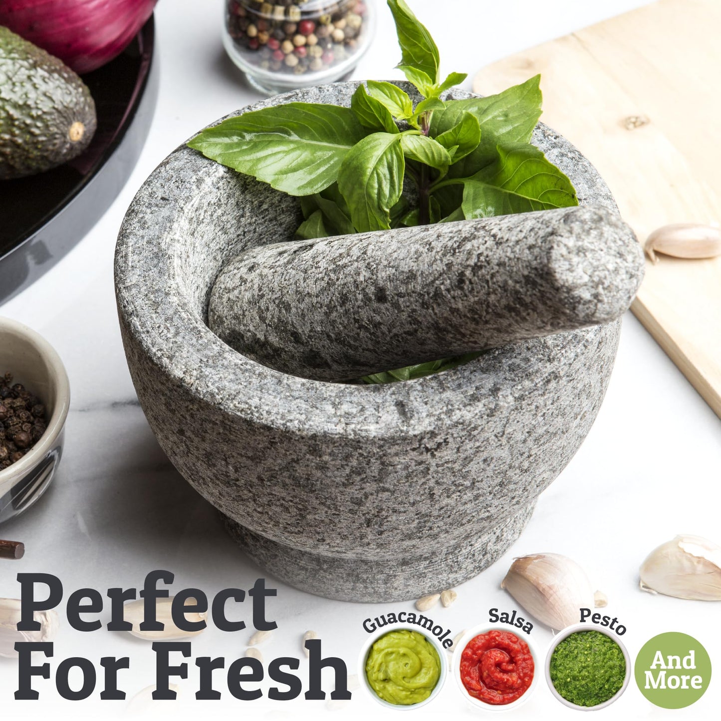 PriorityChef Large Mortar and Pestle Set, Heavy Duty Natural Granite, Make Fresh Guacamole at Home, Solid Stone Grinder Bowl, Herb Crusher, Spice Grinder, 2 Cup Size, Unpolished Grey