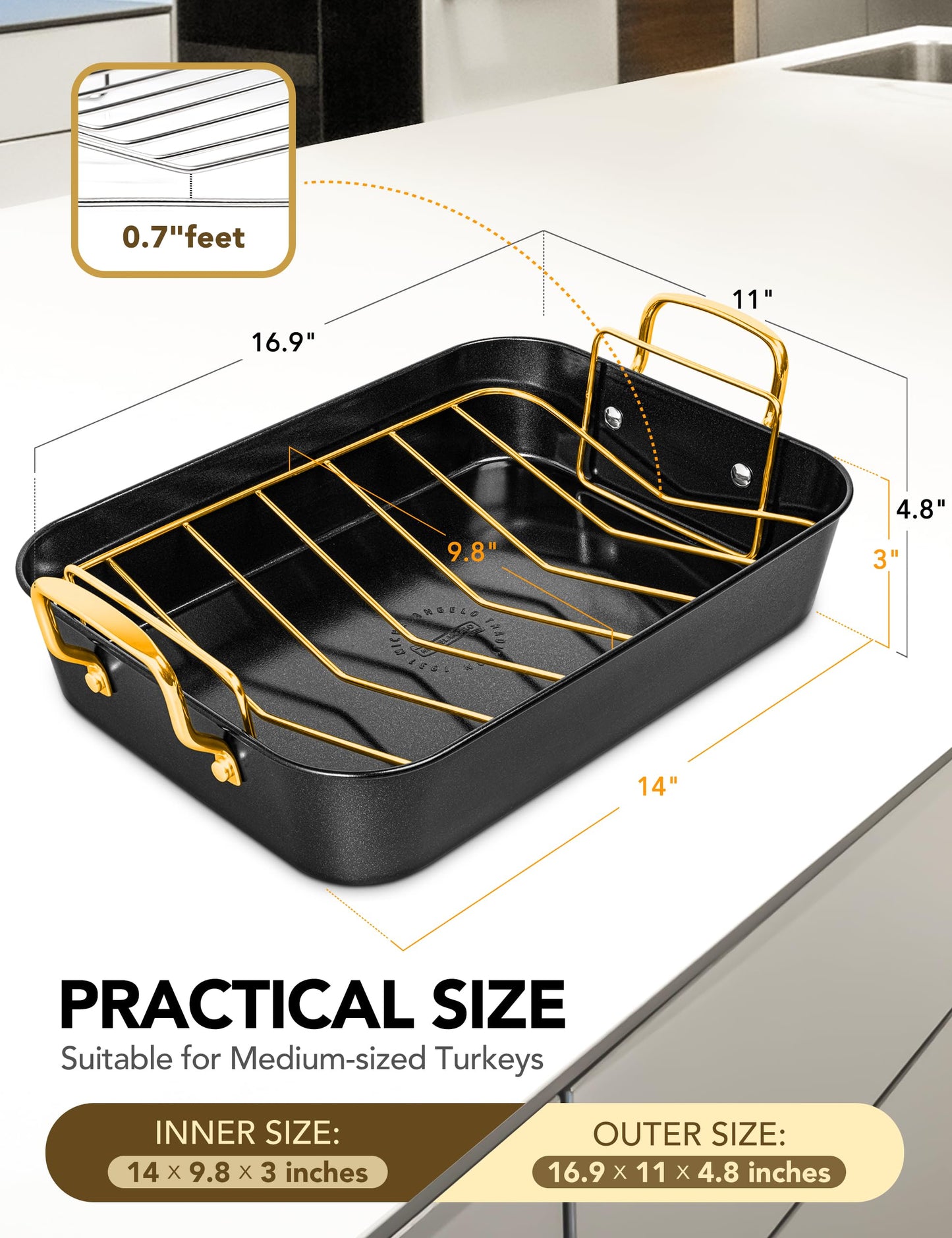 MICHELANGELO Roasting Pan with Rack, Carbon Steel Turkey Roasting Pan for Oven and Induction, Nonstick Turkey Roaster Pan with Stainless Steel Golden Rack & Golden Handle, 15 Inch x 11 Inch