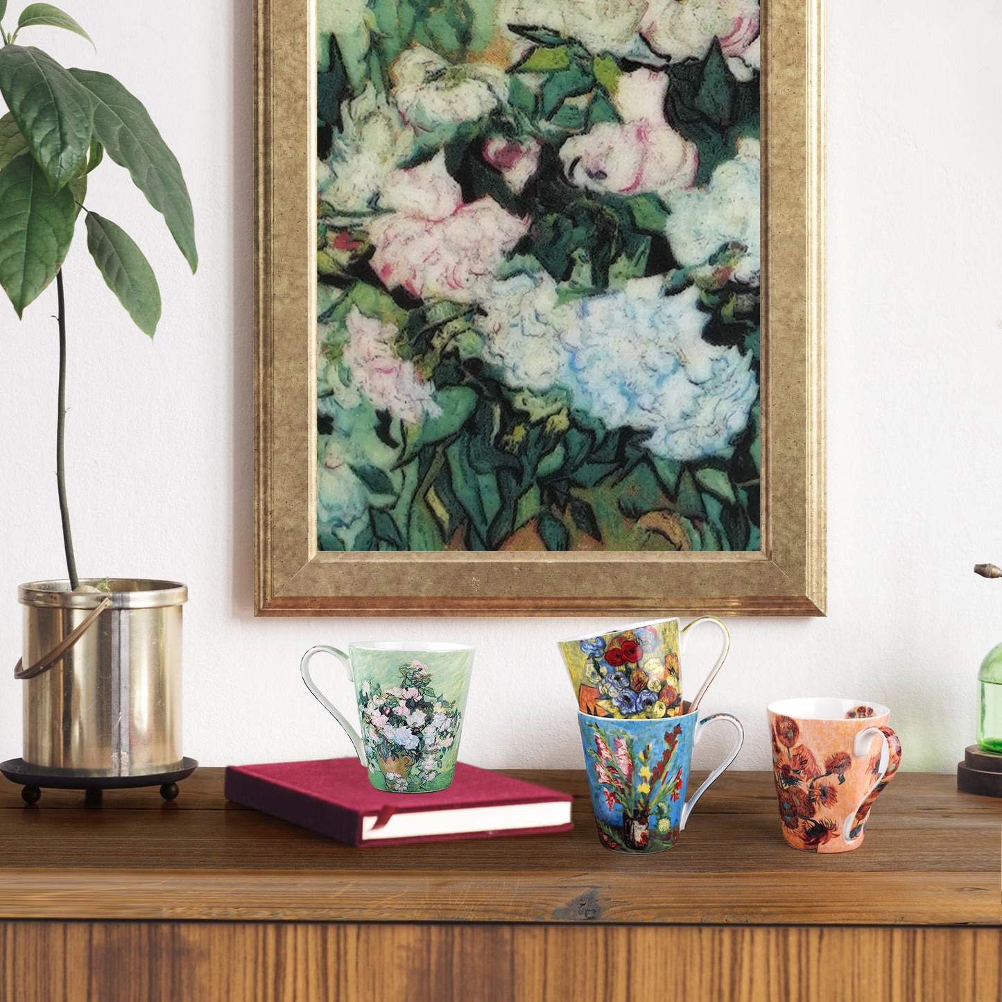 AOTELIDA Coffee Mug Sets of 4, 12oz Bone China Porcelain Cups with Art Print Large Handle Dishwasher Microwave safe for Tea Cocoa or Hot Chocolate