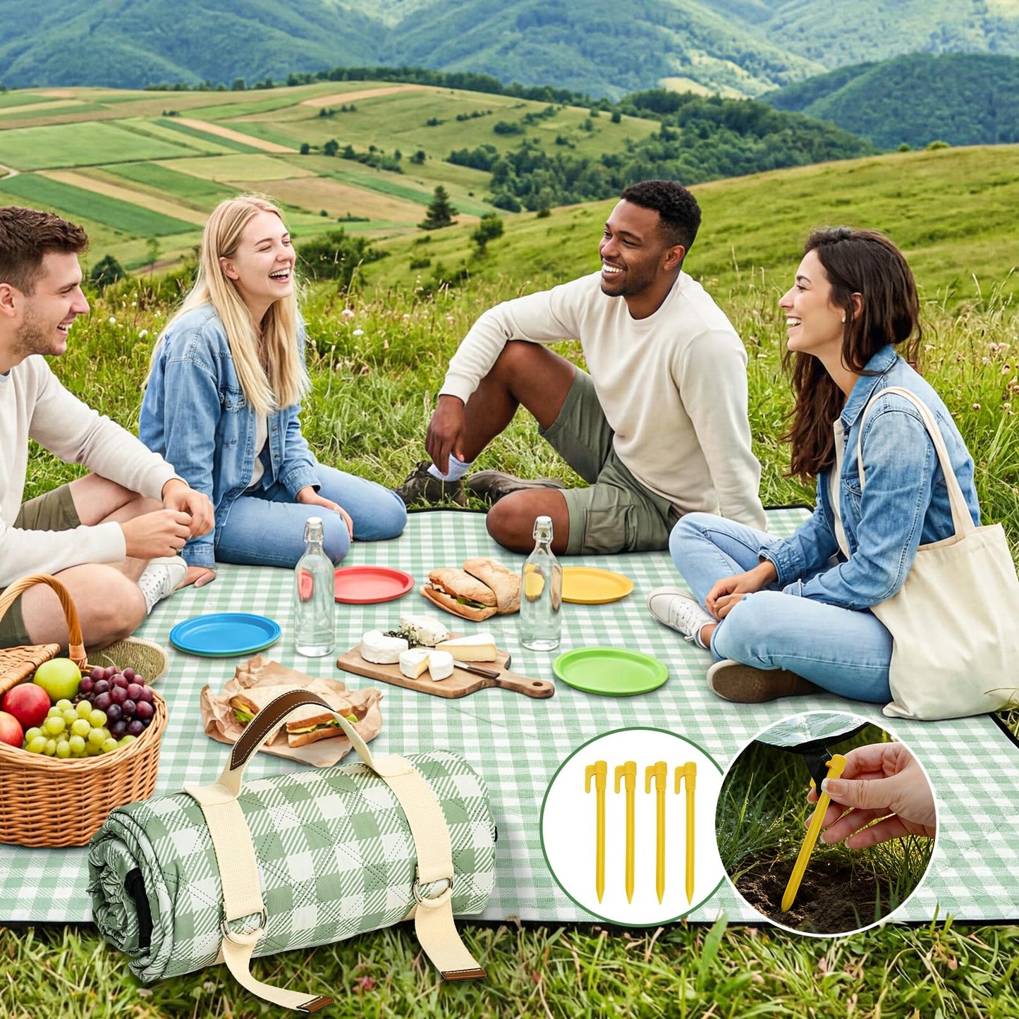 Extral Large Outdoor Waterproof Picnic Blanket With Shoulder Strap, 80"X80" 3-Layer Windproof Foldable Picnic Mat with Corner Nails, Machine Washable, Camping, Lawn Park Grass, Travel, Beach, Green