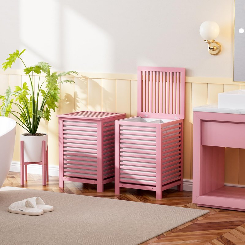 SMIBUY Double Laundry Hamper with Lid, 120L Bamboo Laundry Basket with Removable Liner Bag, 2-Section Clothes Divider Laundry Sorter for Laundry Room, Bathroom, Bedroom (Pink)