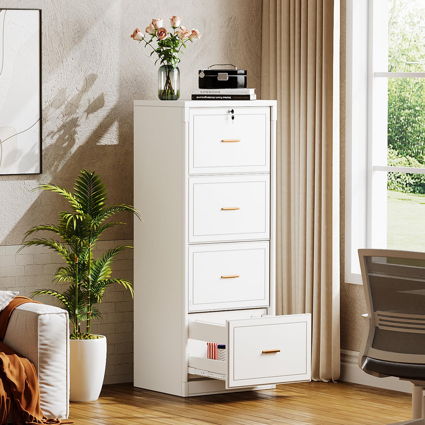 Tribesigns 4-Drawer File Cabinet with Lock, Locked File Cabinet with Key, Tall Wooden Filing Cabinets for Home Office, Vertical Office Storage for Legal Size/Letter/A4/Files, White