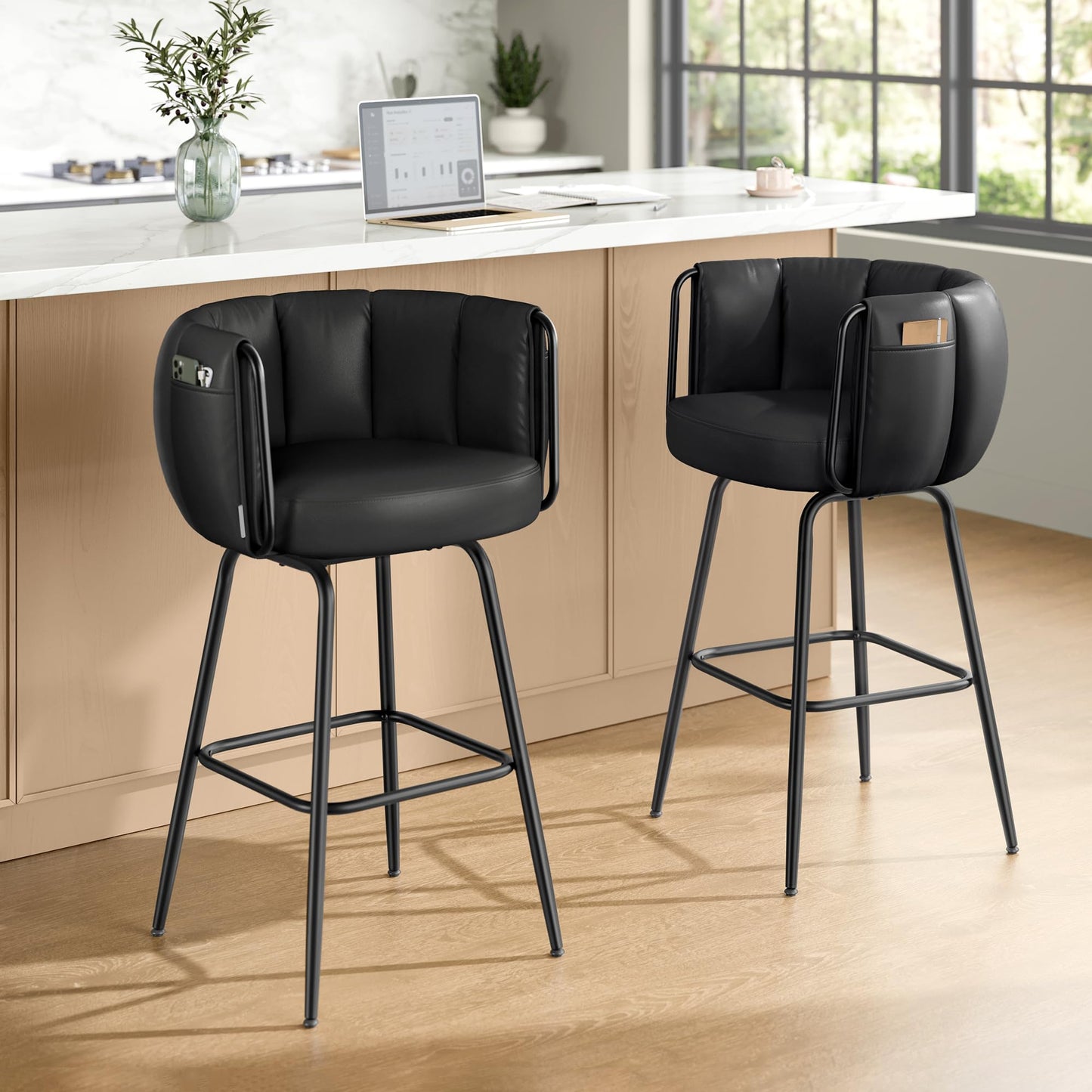 SONGMICS HOME 360° Swivel Bar Stools Set of 4, Barstools with Curved Back, Upholstered Counter Bar Stools with Footrest, Metal Tapered Legs, for Kitchen Island, Dining Room, Ink Black ULBC123BH01S-2J