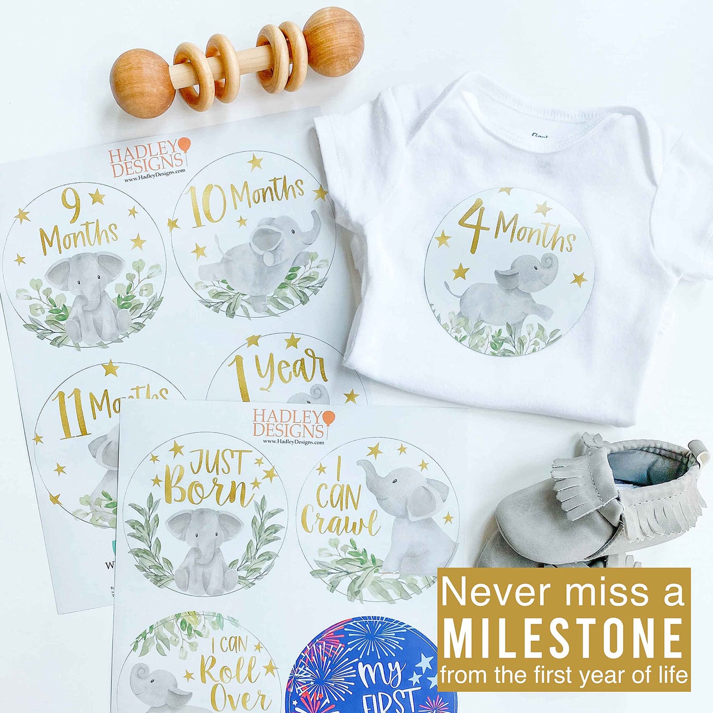 Hadley Designs 20 Monthly Baby Milestone Stickers-Elephant Baby Monthly Milestone Stickers, Newborn, Photo Props