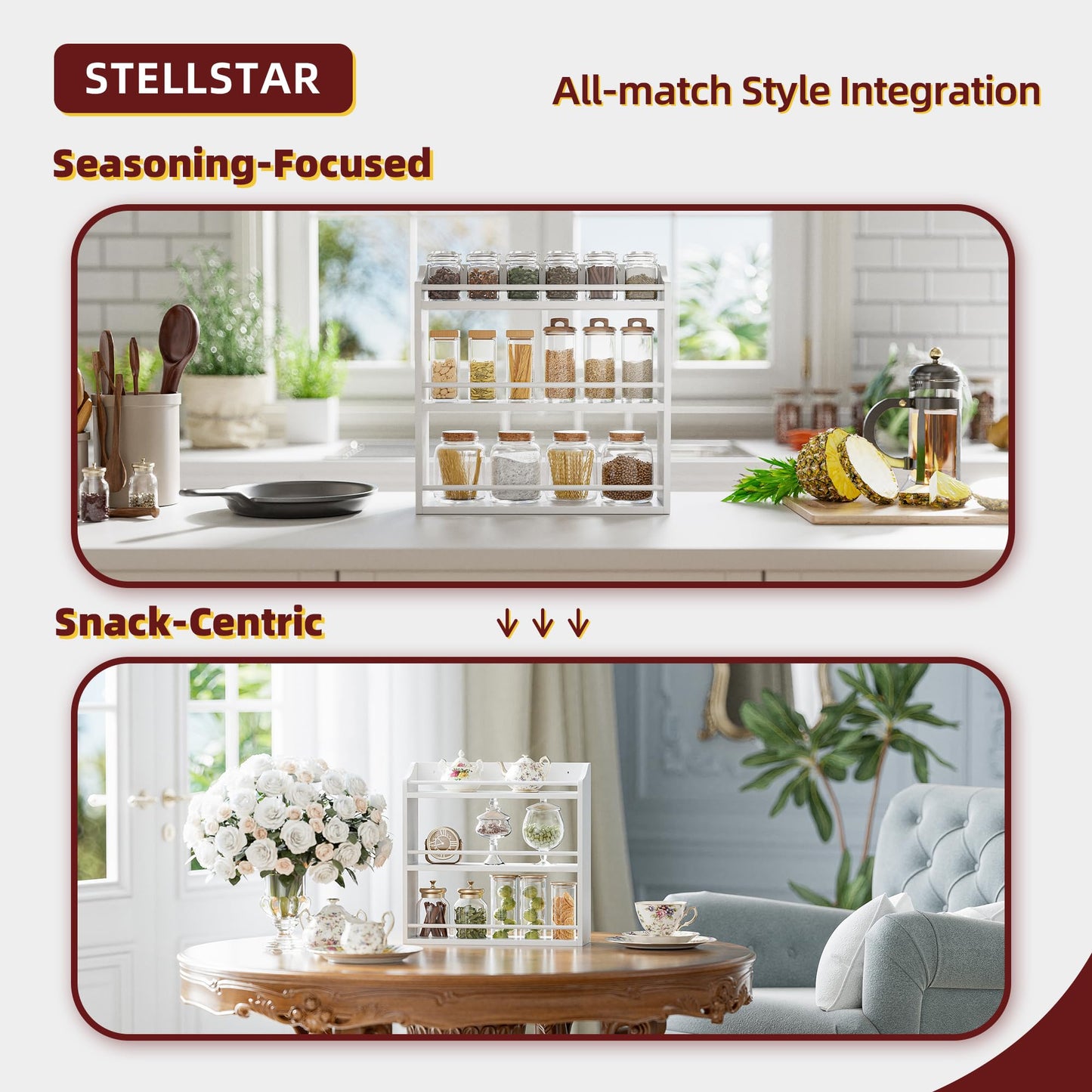 STELLSTAR Spice Rack Wall Mounted, Freestanding Spice Organizer for Countertop, Bamboo Spice Storage Holder, for Kitchen Cupboard, Pantry, Bathroom (White)
