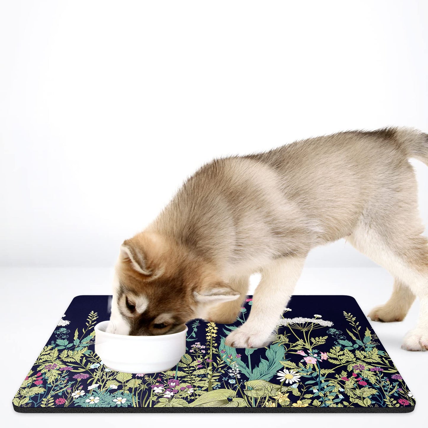 Rnivvi Dog Food Mat, 16" x 24" Flower Absorbent Dog Cat Bowl Mat for Food and Water, Cute Anti-Slip Rubber Pet Feeding Rug Protect Floors, Puppy Placemat for Feeding & Watering Supplies,Black Floral