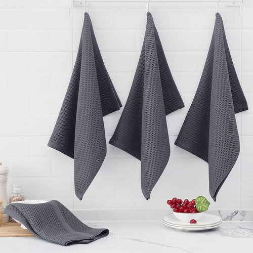 Homaxy Kitchen Dish Towels - Ultra Soft 100% Cotton Waffle Weave, Quick Drying, 20x28 Inches, 12-Pack, Dark Grey