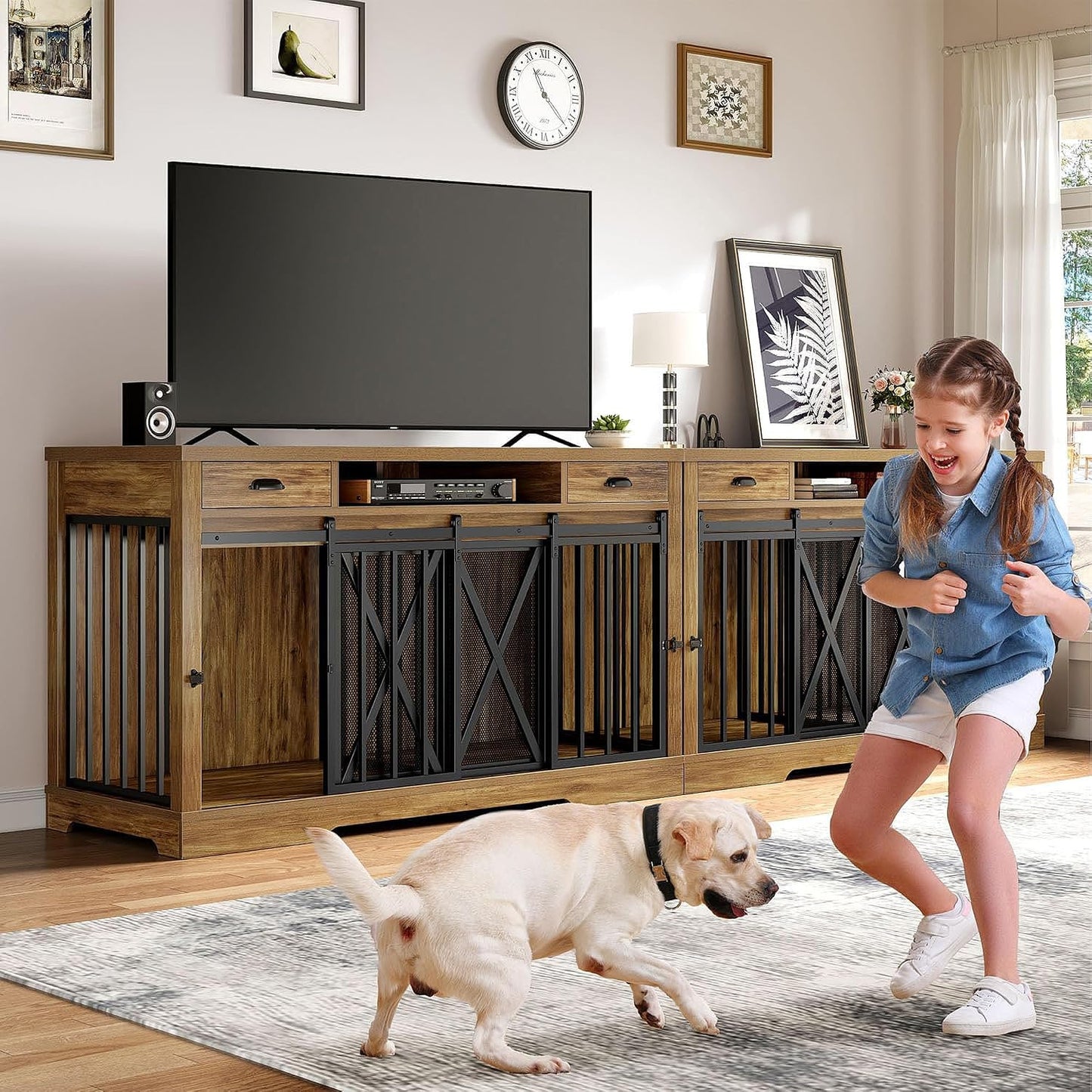 DWVO 63 Inch Double Dog Crate Furniture for 2 Dogs, Heavy Duty Wooden Dog Crate TV Stand with Charging Station, Dog Kennel Indoor Furniture Double Sliding Barn Door Design Ideal for 2 Dogs, Oak