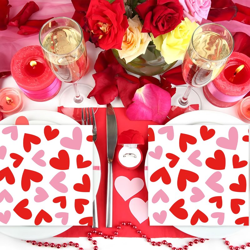 100 PCS Valentines Day Cocktail Napkins 5'' x 5'' Love Heart Disposable Paper Napkins 3 Ply Red Pink Heart Beverage Napkin for Valentines Wedding Anniversary Birthday Party Supplies Dinner Table Decor
