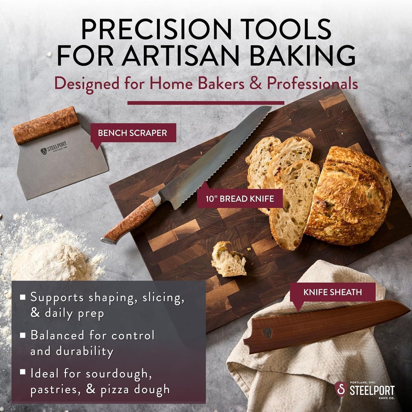 STEELPORT Sourdough Tool Set (3 Pcs.) – 10” Carbon Steel Serrated Bread Knife, Stainless Steel Bench Scraper & Wooden Sheath | Professional Artisan Baking Kit for Homemade Bread, Made in USA