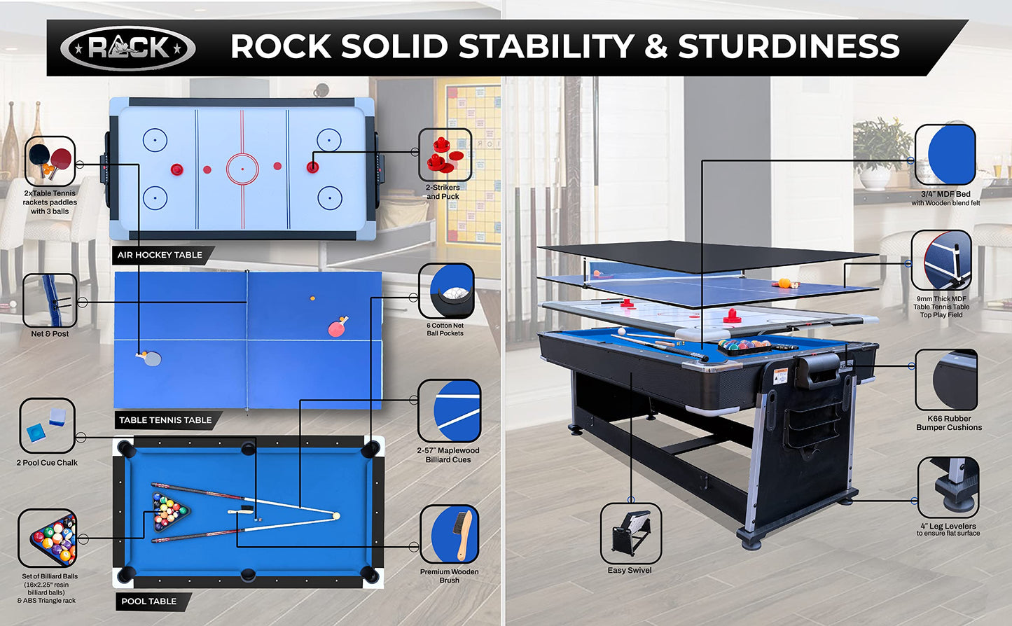 RACK Triad 7-Foot 3-in-1 Multi-Game Swivel Billiard/Pool Table (Blue Felt with Black Body) – Pool, Table Tennis & Air Hockey Combo Game Table for Adults & Kids, Home Game Rooms