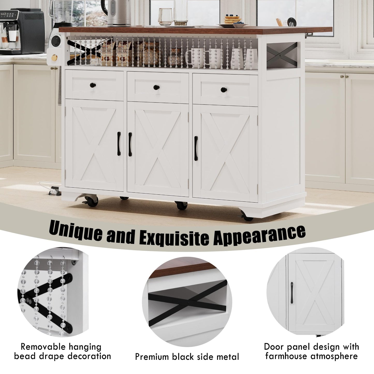 Bellemave 46.5" Farmhouse Kitchen Island cart with Charging Station and with Drape of Beads, Rolling Kitchen Island Table with Drop-Leaf, 3 Drawers, White