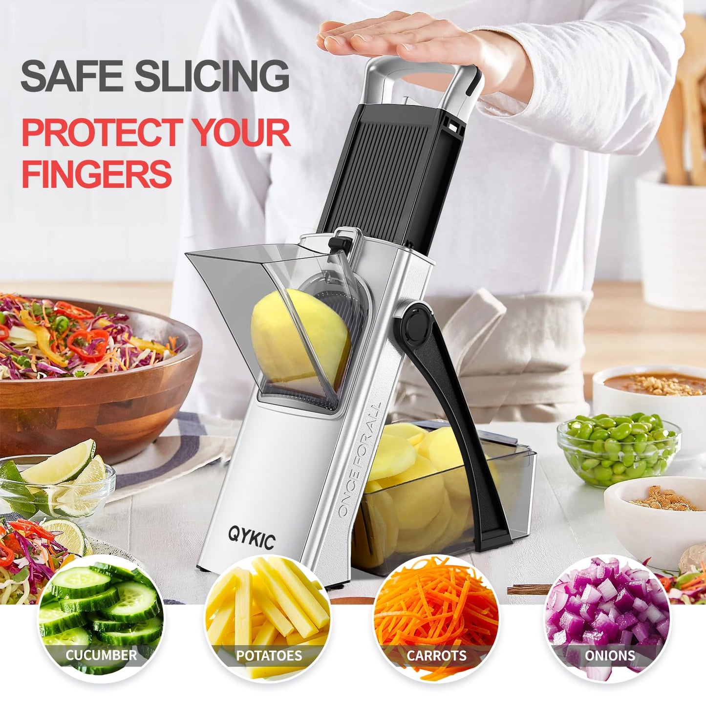 QYKIC Upgrade Safe Mandoline Slicer for Kitchen, Vegetable Chopper and Slicer, Potato Slicer Thickness Adjuster, French Fry Cutter, Veggie Onion Dicer Faster Kitchen Mandolin for Meal Prep