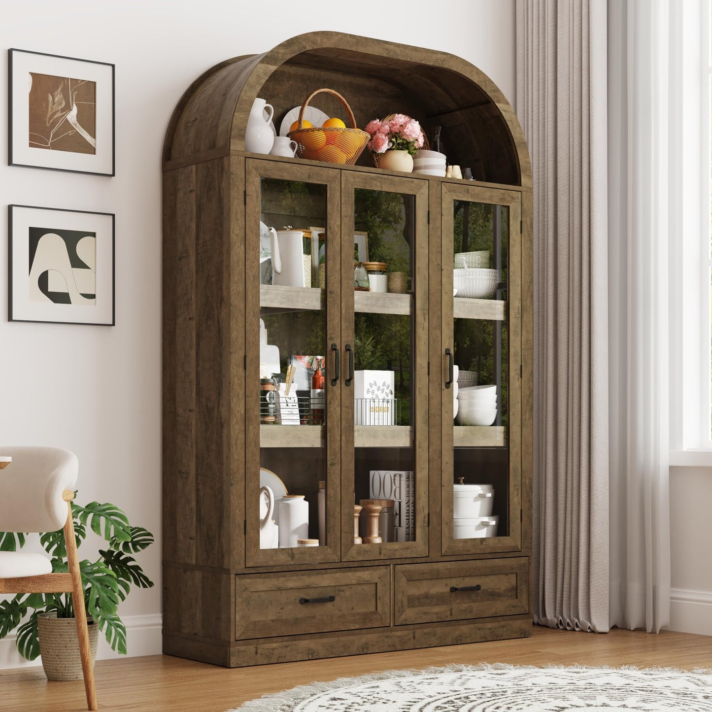 chartustriable 73" Tall Arched Kitchen Pantry Cabinet w Load-Bearing Steel Pipe,Modern Farmhouse Kitchens Storage Cabinet with Drawer and Glass Doors,Tall Arched Bookcase,Pantry Organizer(Natural)