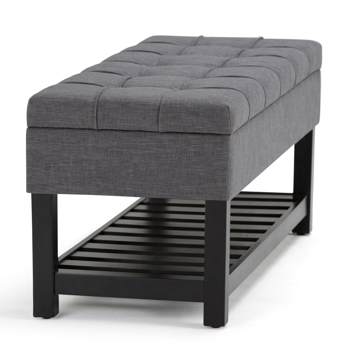 SIMPLIHOME Saxon Storage Ottoman Bench - 43 inch Wide Upholstered Linen Look Fabric Rectangle Storage Ottoman in Slate Grey, Transitional Bench for Bedroom with Tufted Lift-Top and Open Bottom Shelf