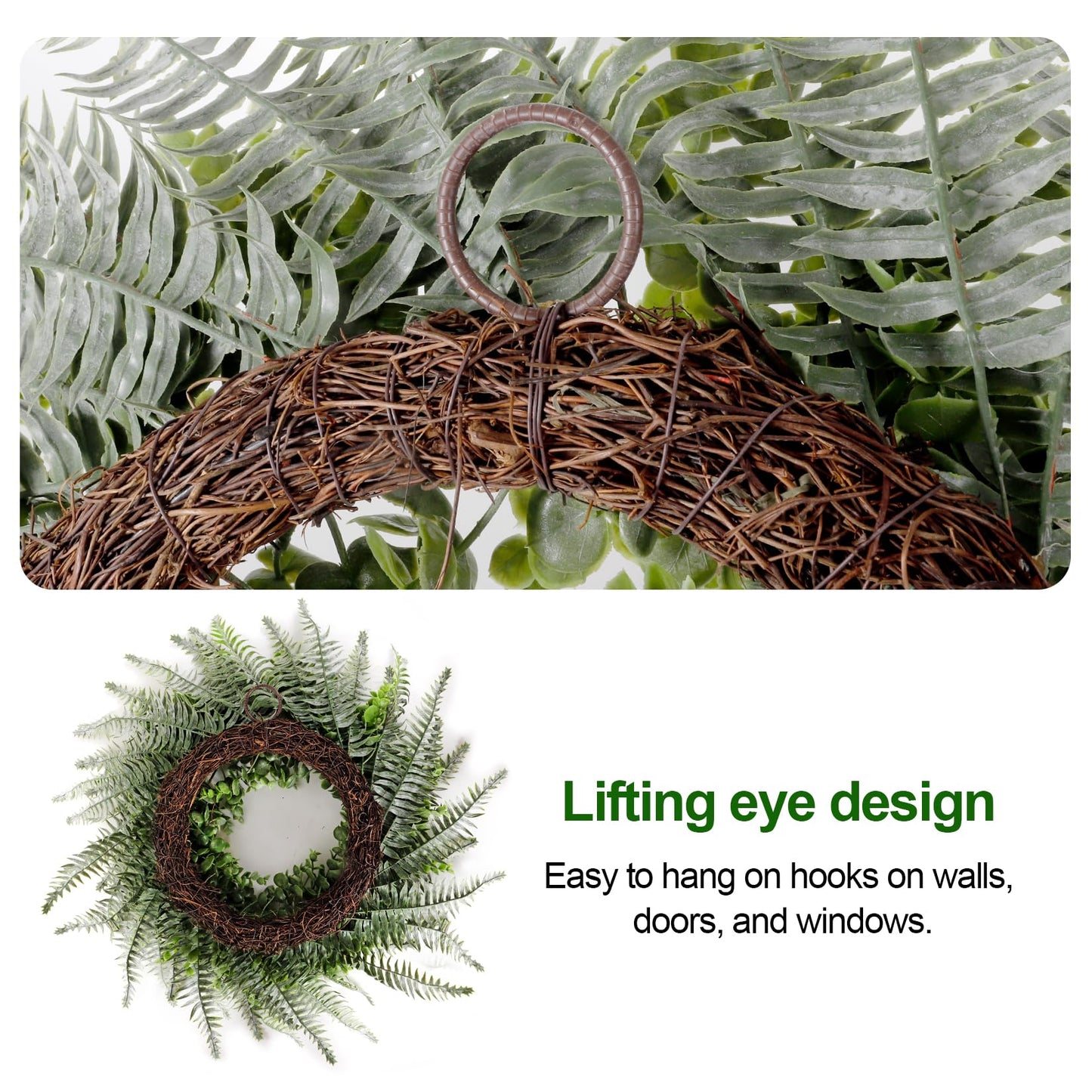 NIOPELO 26'' Eucalyptus and Boston Ferns Wreath for Front Door - Artificial Eucalyptus Leaves Greenery Outdoor Wreath for Wedding Farmhouse Porch Wall Room Home Decor (Gray-Green)