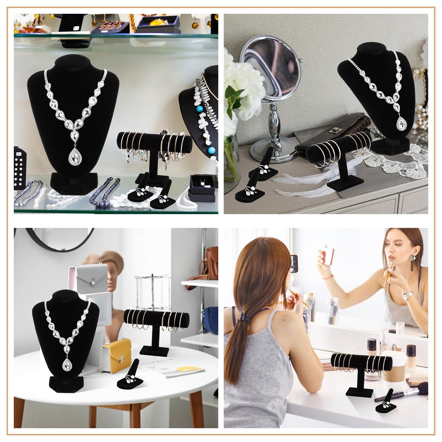 Wenqik 4 Pcs Velvet Jewelry Display Set Velvet Necklace Bust Holder Bracelet Organizer 2 Ring Finger Jewelry Holder(Black)