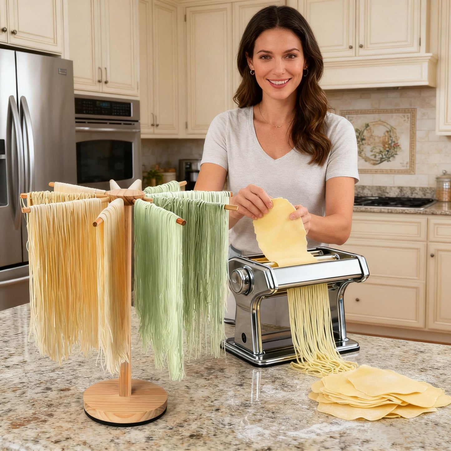 Pasta Drying Rack,Wooden Pasta Dryer Rotatable Collapsible Drying Rack with 9 Rods Quickly Assemble, Fresh Pasta Noodle Spaghetti Dryer Hanger Stand, Easy to Assemble and Store
