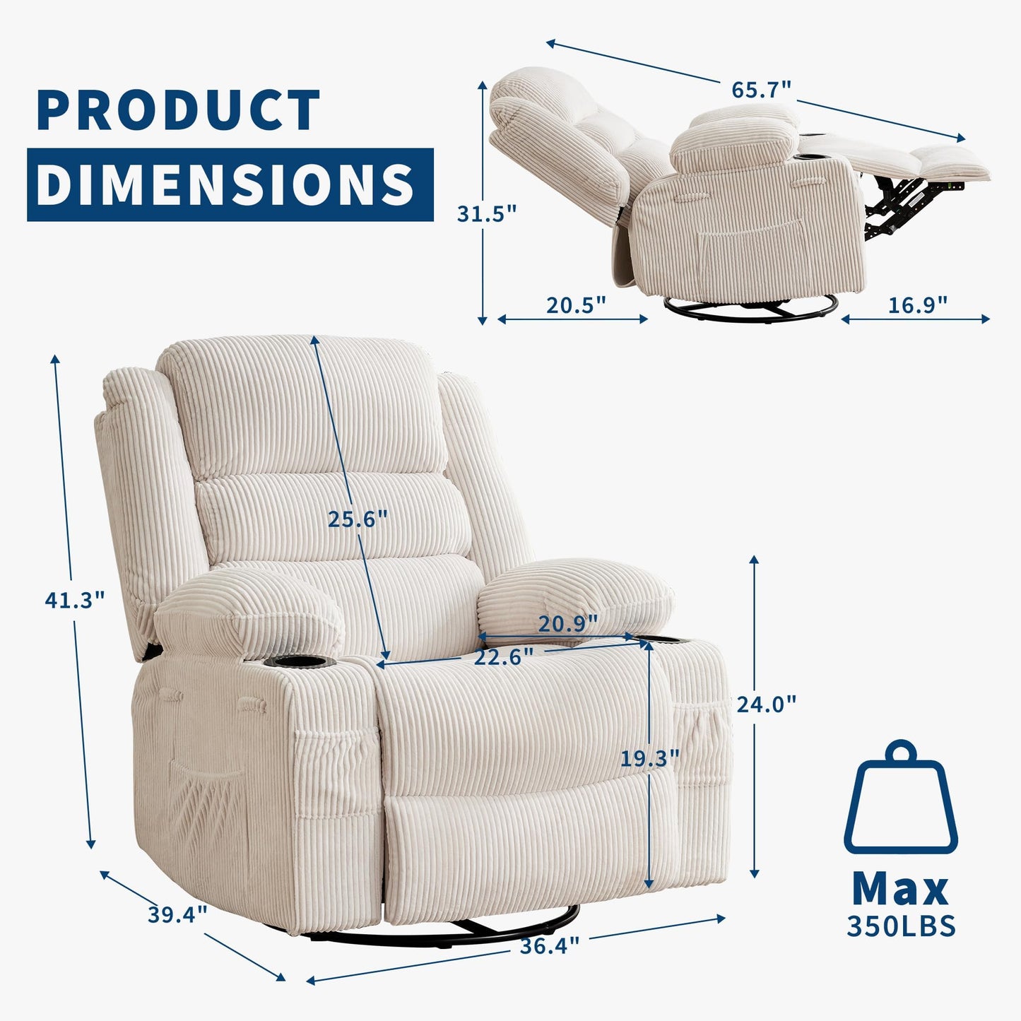Rocking Recliner Chair for Adults Wide 360° Swivel Rocker Recliner with Cup Holder Nursery Glider with Upholstered Deep Seat Corduroy Lazy boy Chair for Living Room Beige