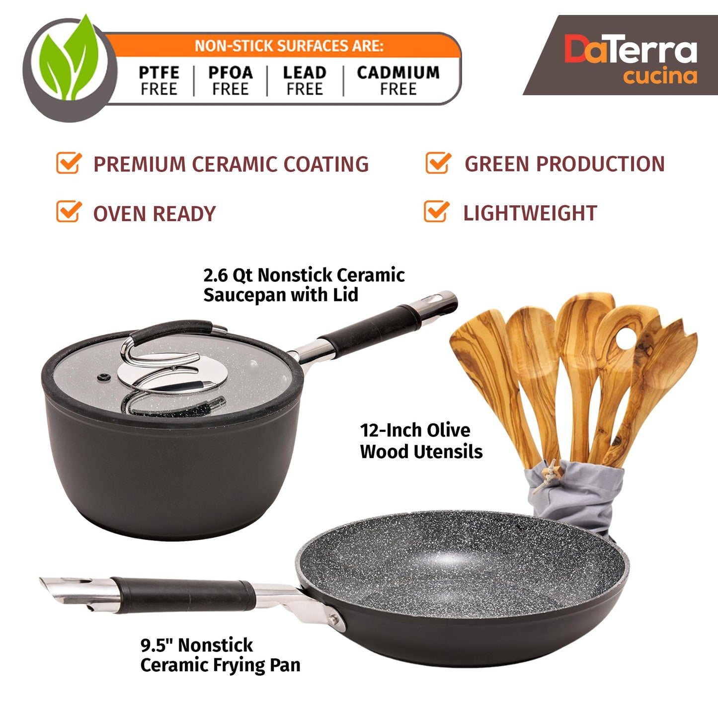 DaTerra Cucina Nonstick Small Chef Bundle – 2.6 Qt Ceramic Saucepan with Lid, 9.5" Frying Pan, 5-Piece Olive Wood Cooking Utensils – Oven Safe, Induction Compatible, PTFE & PFOA Free – Made in Italy