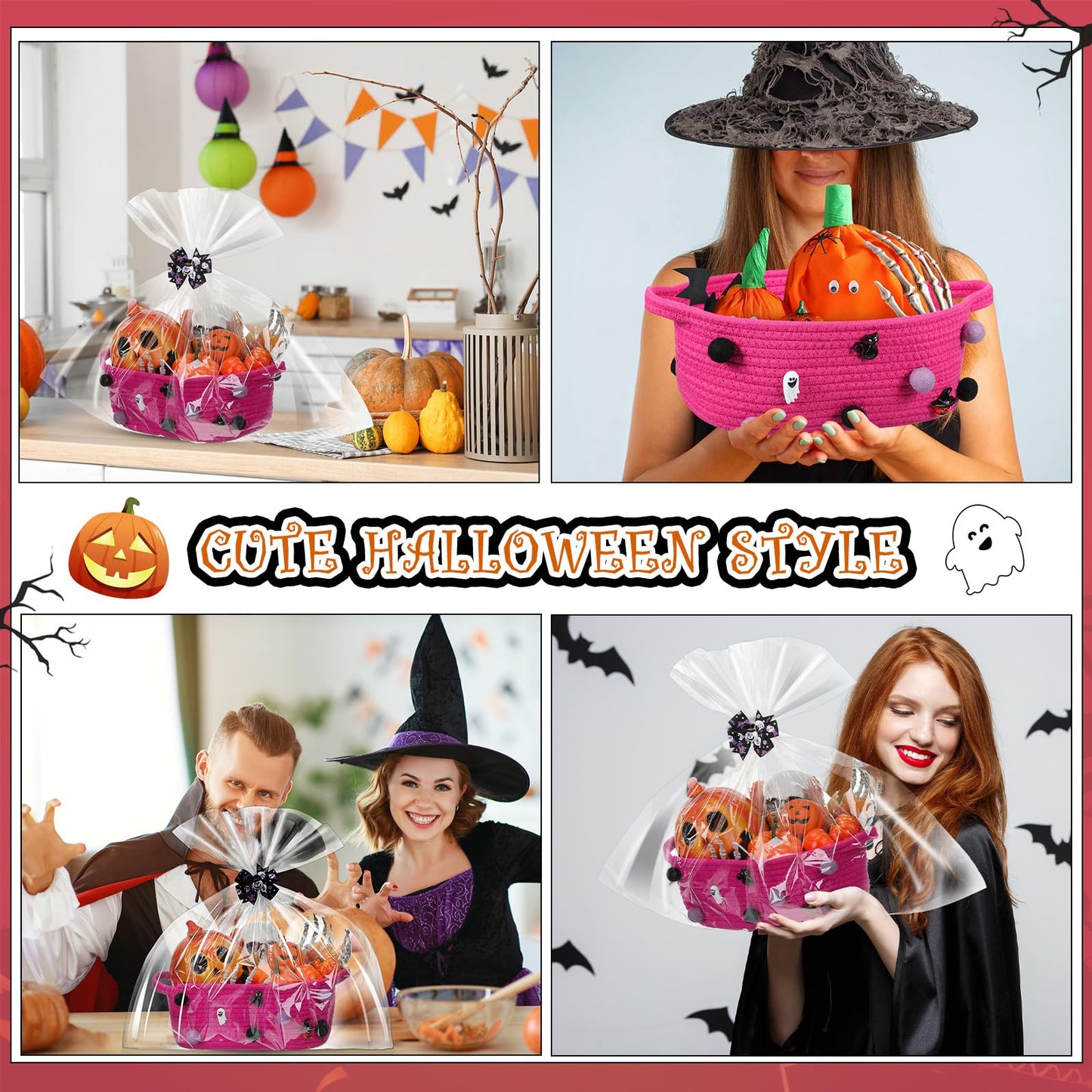 Teenyyou Halloween Gifts Basket Empty, 12" x 8" x 5" Woven Rope Basket with Gift Wrap Bag and Bow Clip for Halloween Party Gift Wrapping Decorations(Plum Red)