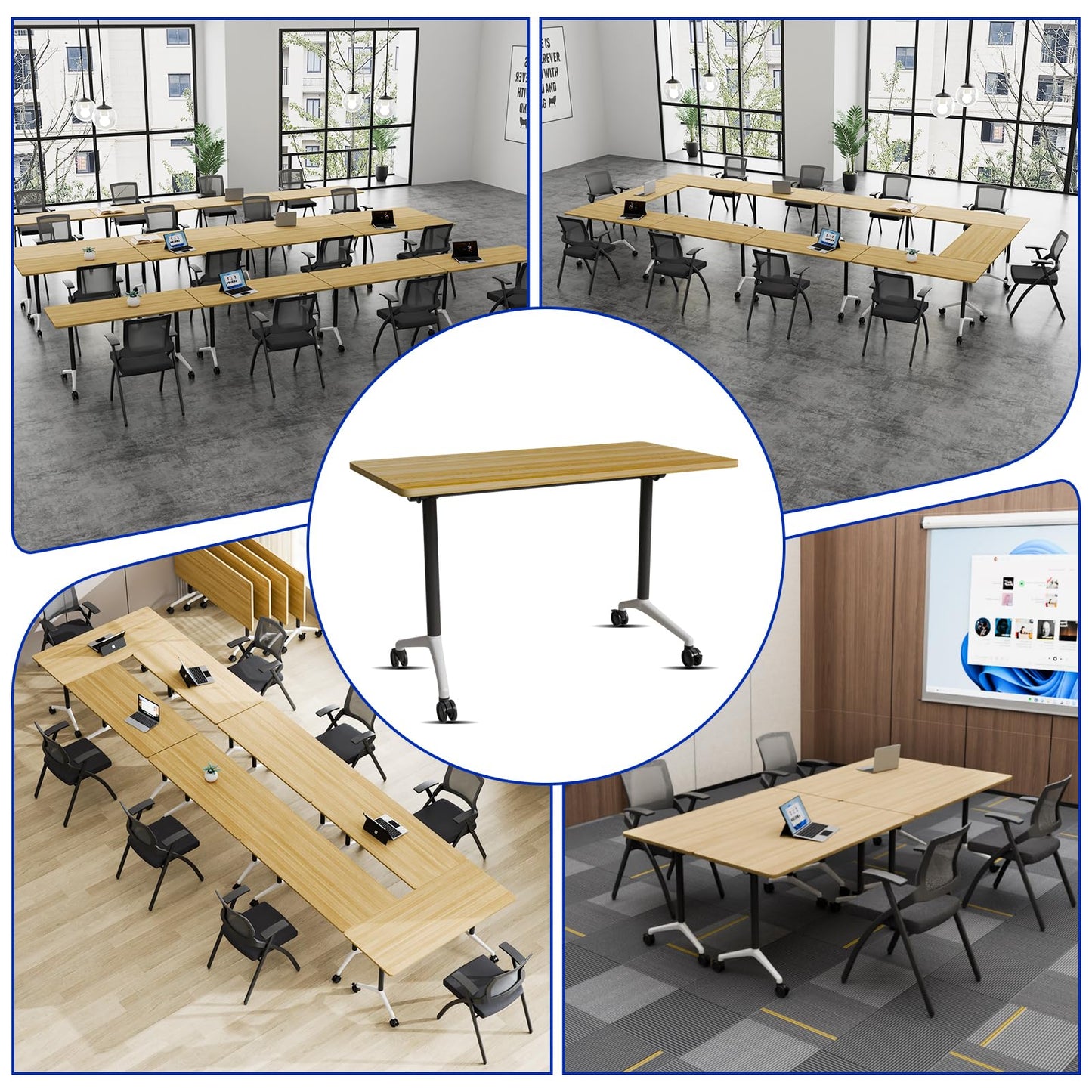 rzoizwko 4Packs Folding Conference Tables on Wheels,55.1 in Mobile Flip Top Meeting Room Table for Office & Training Rooms,Foldable Conference Room Tables Modular Rolling Desk Heavy-Duty Metal Frame