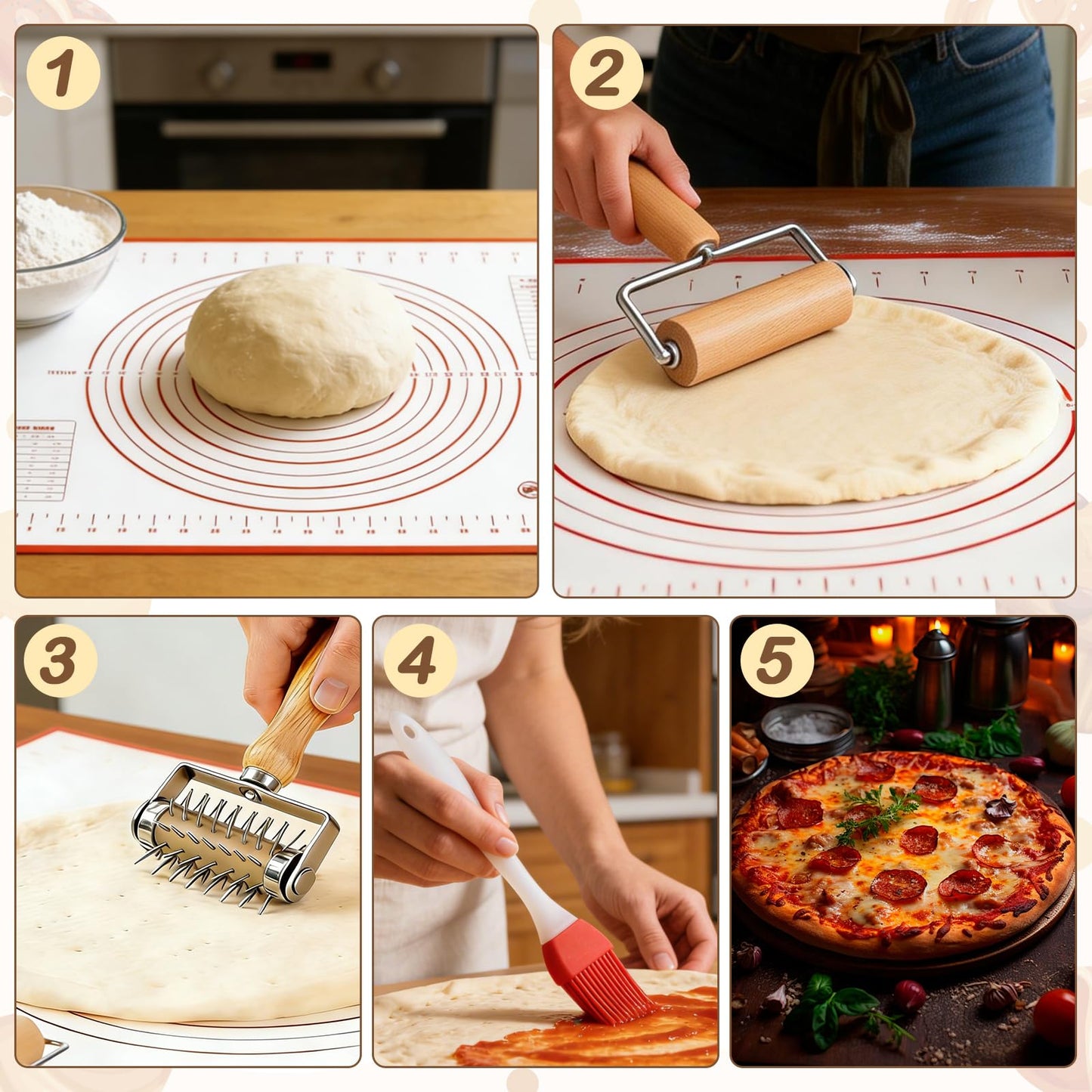 4Pcs Pizza Baking Tool Kit with Dough Docker, Non-Slip Silicone Baking Mat & Wooden Rolling Pin – Essential Tools for Pizza, Pie, Pastry, Bread and Cookies