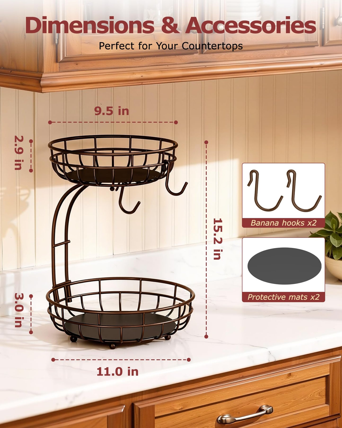 Sevenblue 2 Tier Large Fruit Basket for Kitchen Counter with Removable Banana Hanger - Sturdy Iron Fruit Bowl for Kitchen Counter and Vegetable Holder, Brown, Extra Large