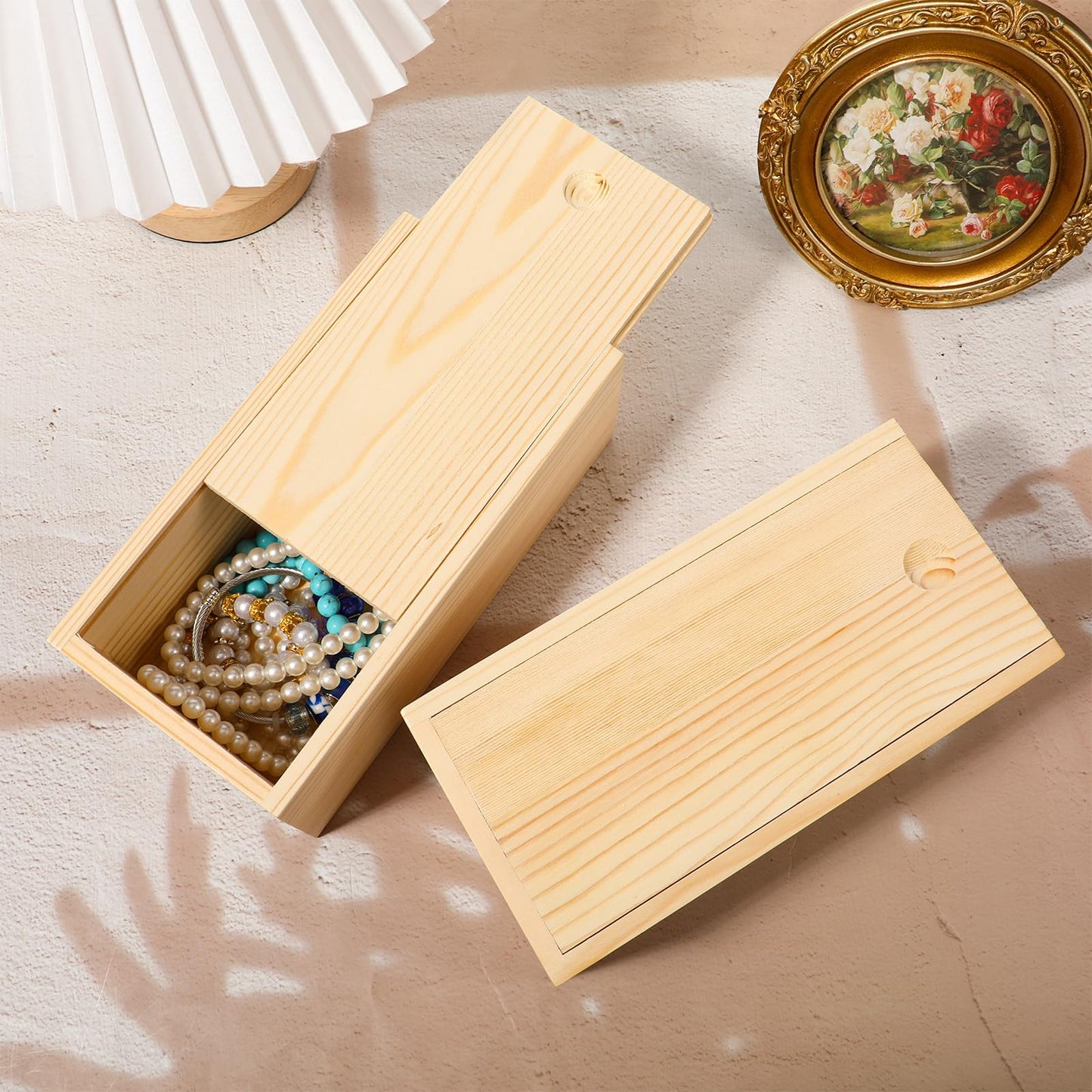 4 Pack Unfinished Wood Storage Box with Slide Lid, 8×4×3in, Blank Natural Wood Case Container, Small Wooden Storage Crates Container for Art Hobbies, DIY Craft, Jewelry Bead Organizer