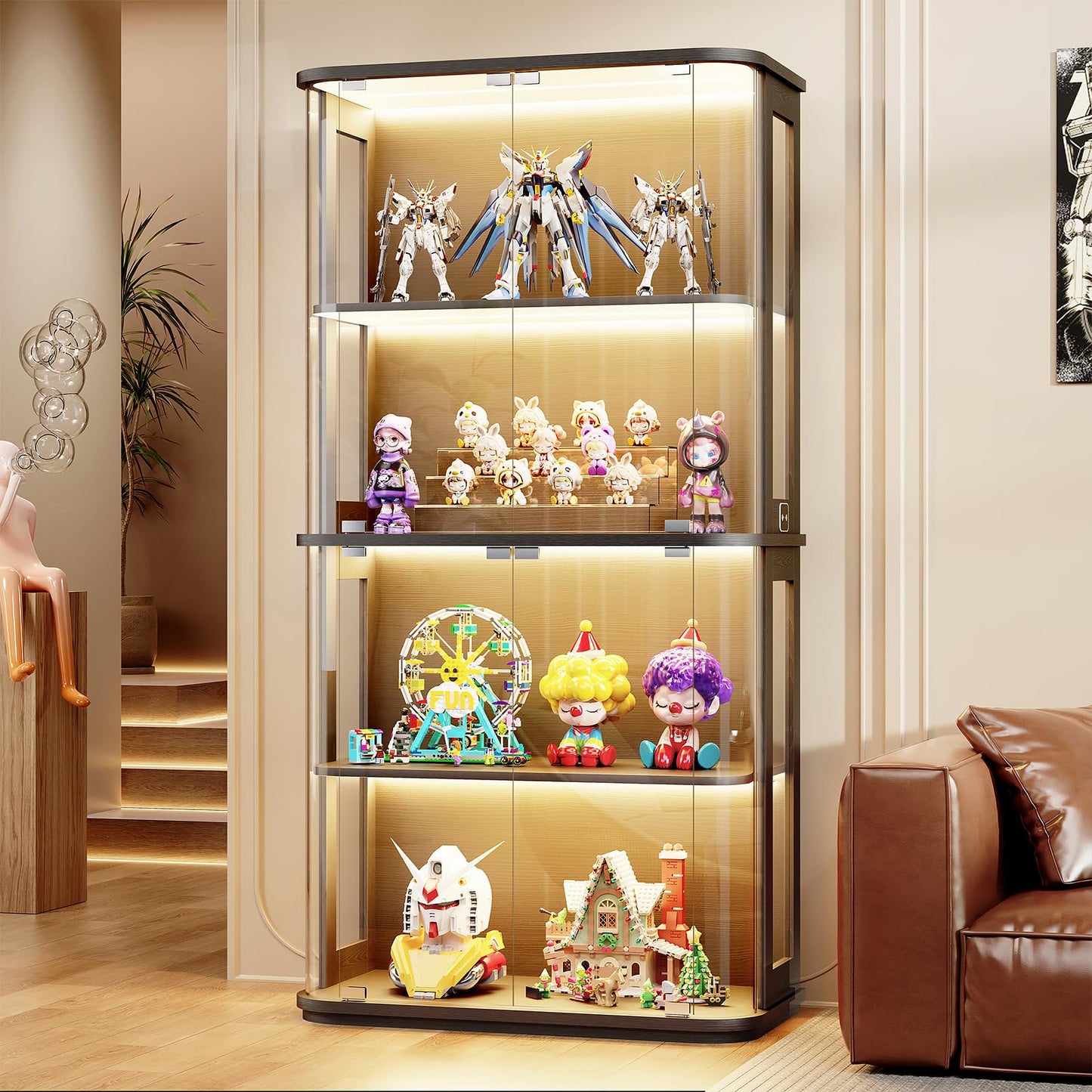 BROTTAR Rounded Display Cabinet with Glass Door, 4-Tier Curio Cabinet with Transparent Full-Display Surface for Collectibles, Glass Display Case with 3 Color Lights, Human Body Sensor, Black
