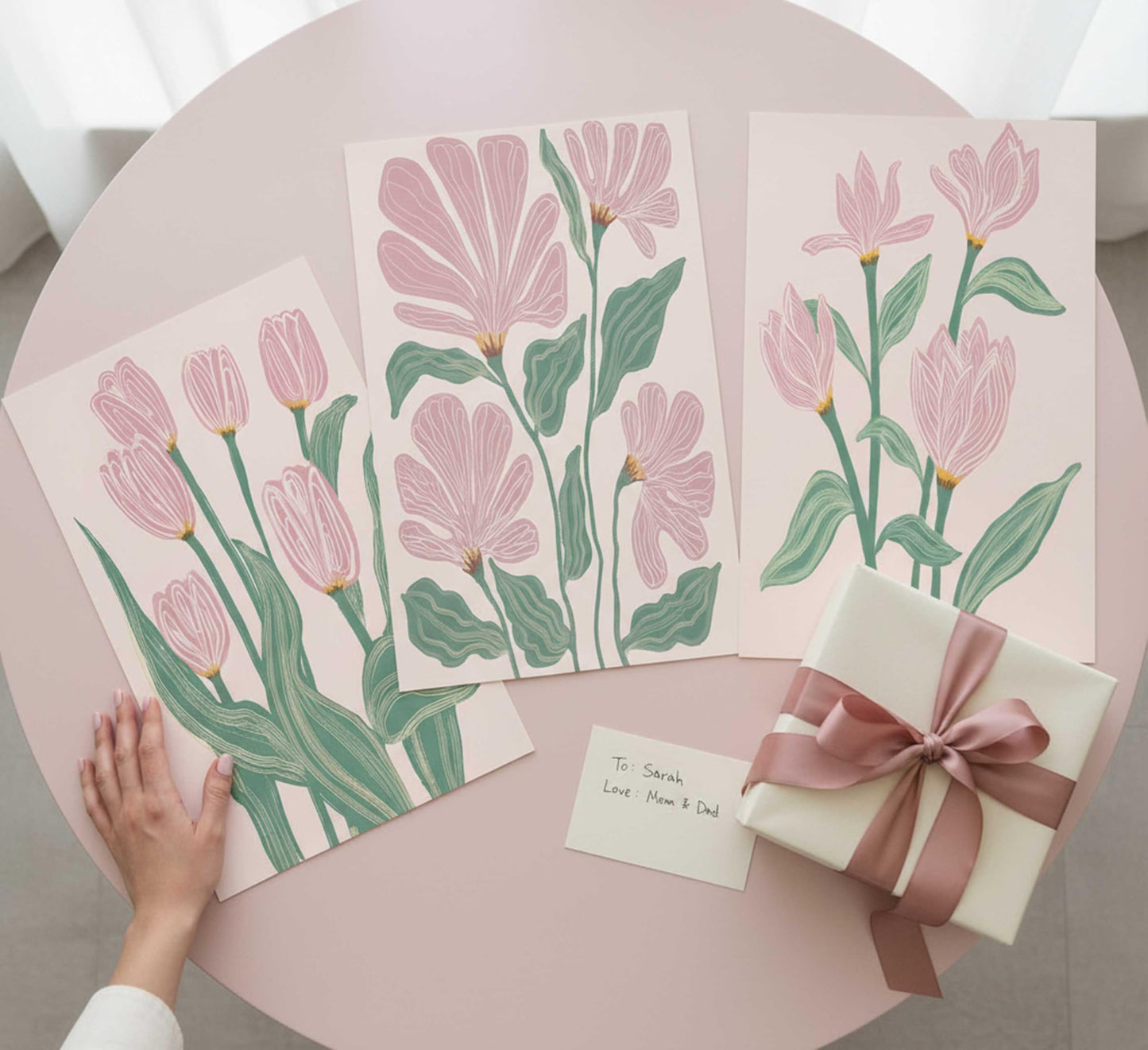 3 Pcs Pink Tulips Flowers Canvas Wall Art Boho Pink and Green Abstract Floral Botanical Paintings Pictures Wall Decor Poster Print Artwork for Living Room Bedroom Home Decoration Unframed