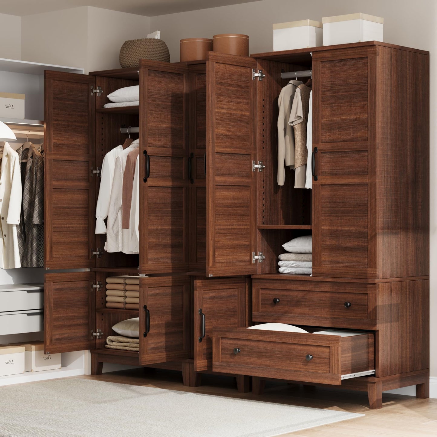 GarveeHome 72" Tall Armoire Wardrobe Closet with 4 Doors, Large Wooden Wardrobe Cabinet with Hanging Rod and Adjustable Shelves, Freestanding Clothing Storage Cabinet for Bedroom, Walnut Brown